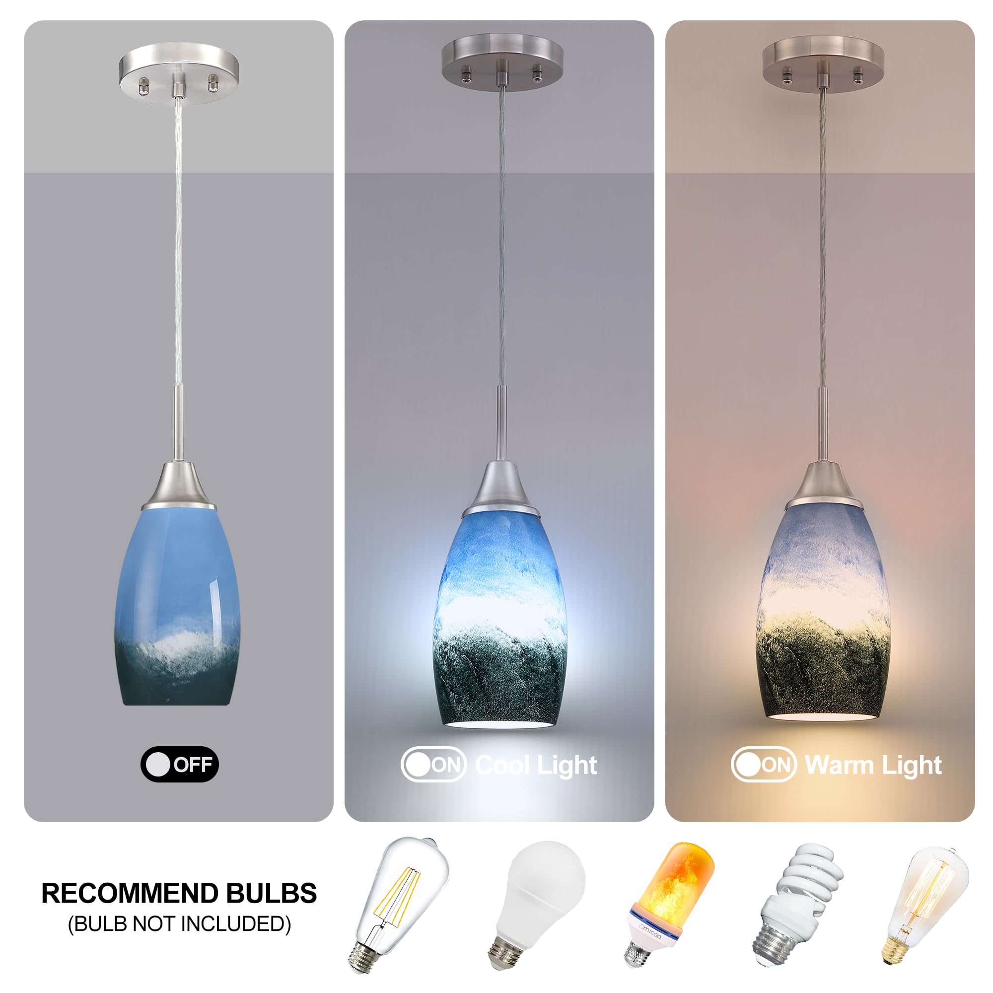 3-Pack Blue Mini Pendant Lights - Handblown Glass Kitchen Island Lighting with Adjustable Cord - Ceiling Hanging Lamps for Kitchen, Bar, Dining Room, Foyer & Hallway | Perfect for Modern Home Decor and Restaurant Ambiance