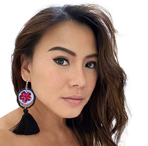 Handmade FIMO Clay Tropical Hula Earrings - Hawaiian Polynesian Tribal Tattoo Chandelier Drop Earrings in Pink, Black, Purple & Red | Perfect for Beach Parties, Luau Events & Boho Fashion