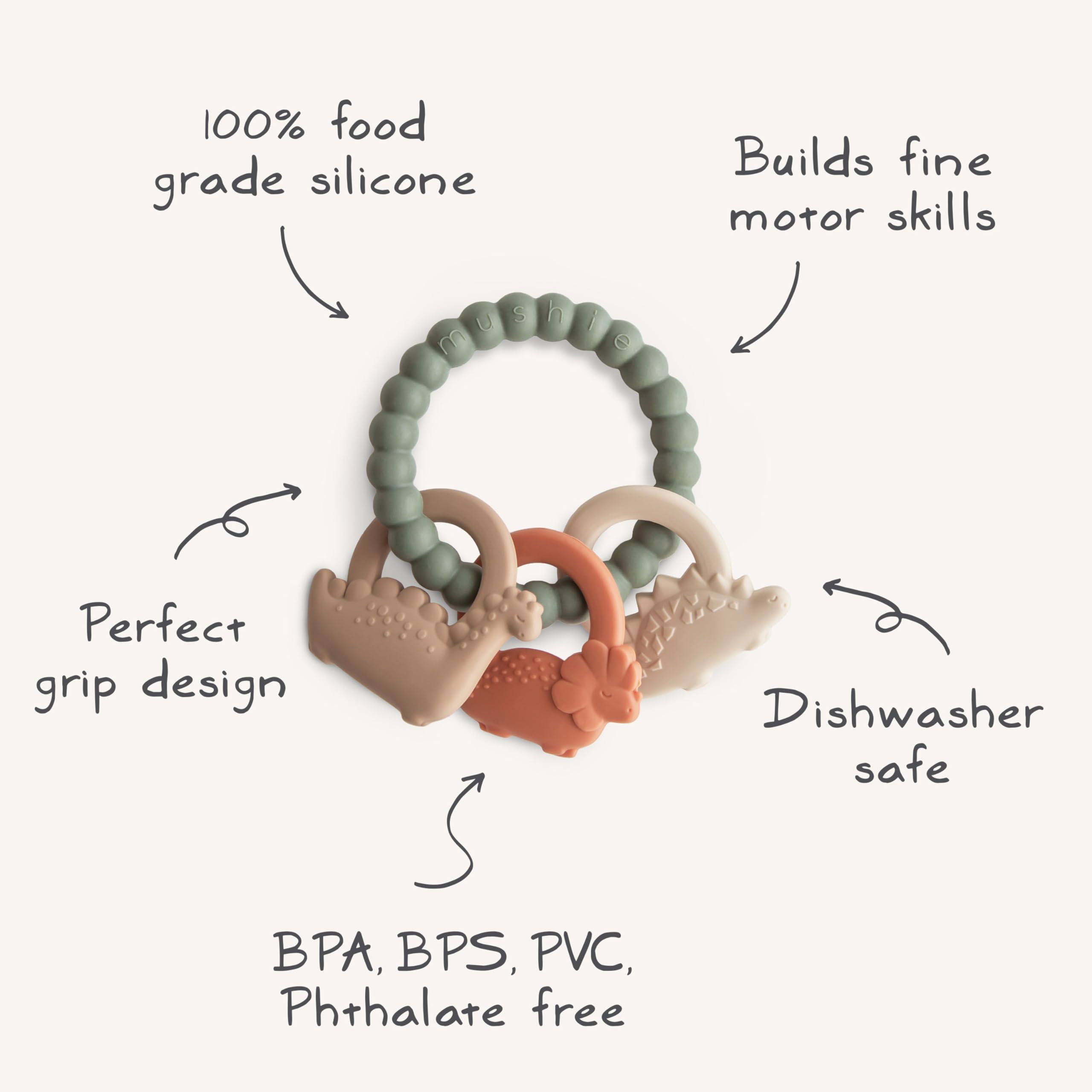 mushie Silicone Dino Teething Ring Toy for Babies - Safe & BPA-Free Chew Toy for Soothing Sore Gums - Perfect for Teething Infants & Toddlers at Home or On-the-Go