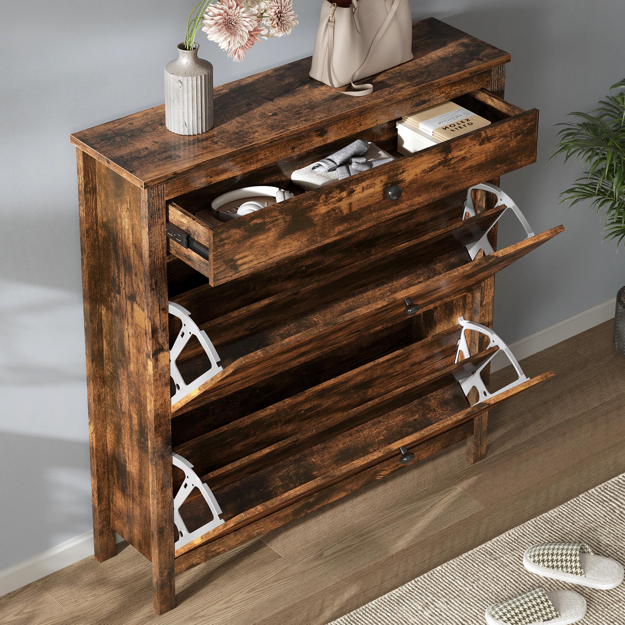 DWVO 2-Tier Flip Drawer Shoe Cabinet - Slim Space-Saving Shoe Storage Organizer with Metal Frame, Adjustable & Removable Hidden Shoe Rack - Free Standing Entryway Hallway Furniture (Brown) - Perfect for Small Apartments & Closet Organization