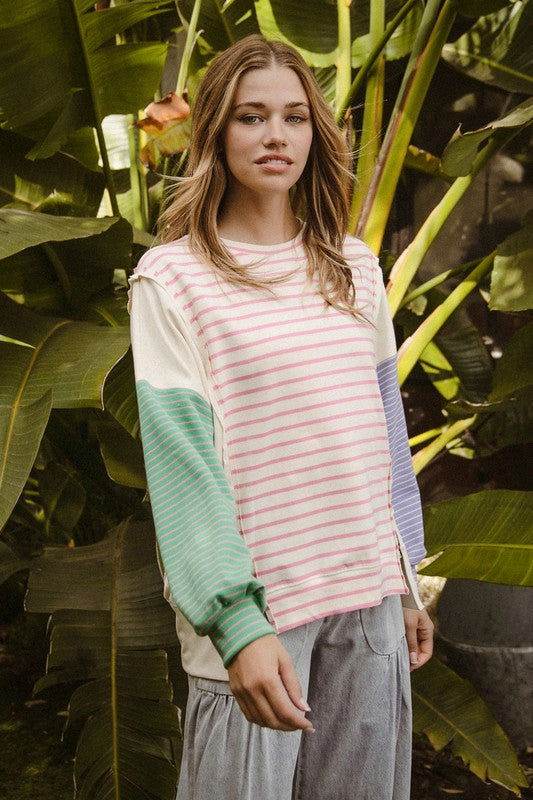 BiBi Women's Exposed Seam Slit Striped Round Neck T-Shirt | Casual Short Sleeve Tee for Everyday Wear, Date Night & Street Style Outfits