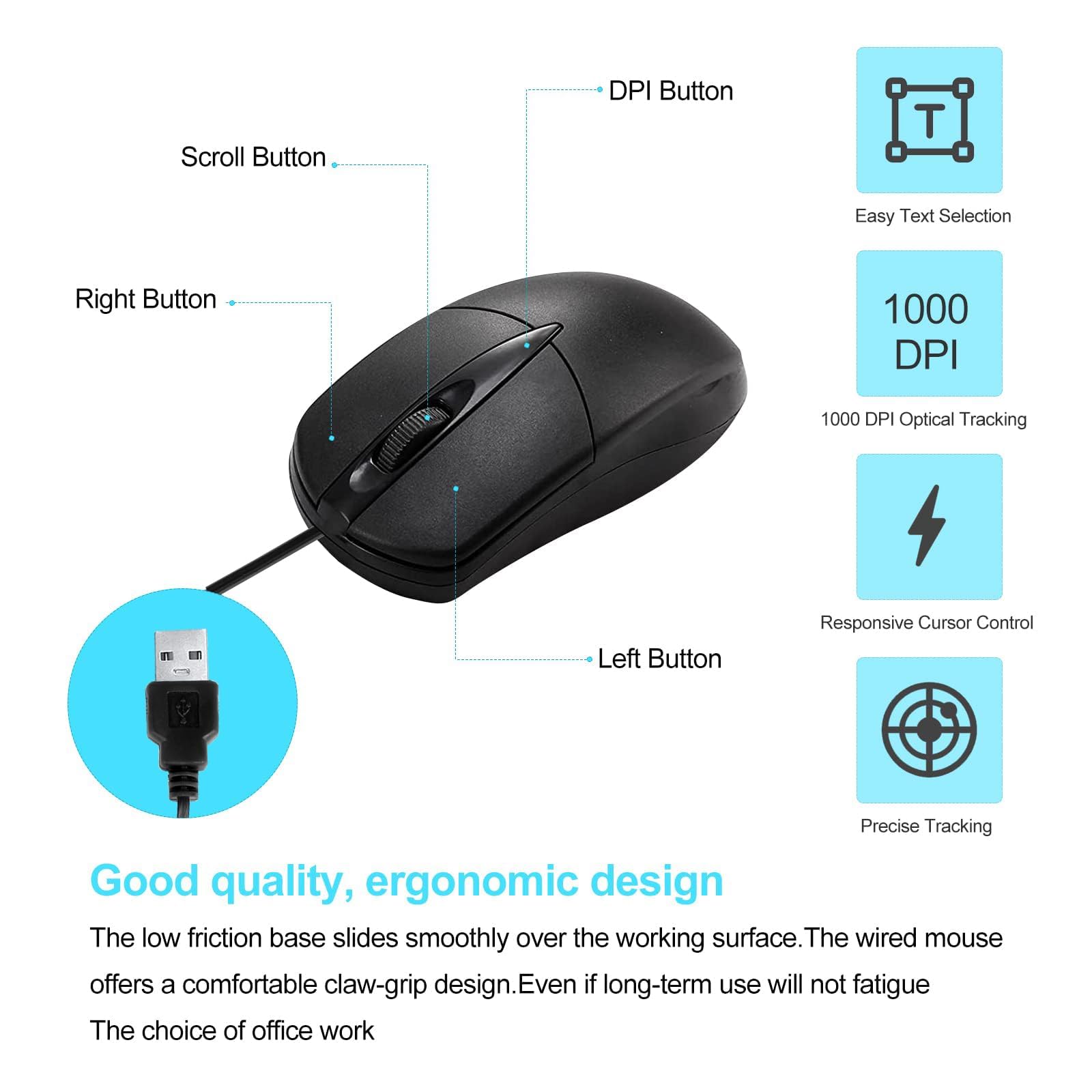 100 PCS Black Wired USB Computer Mouse Bulk - 1000 DPI 3-Button Corded Mouse for Home Office, Noiseless & Ergonomic Design - Perfect for Desktop PC, Laptop, Gaming & Business Use