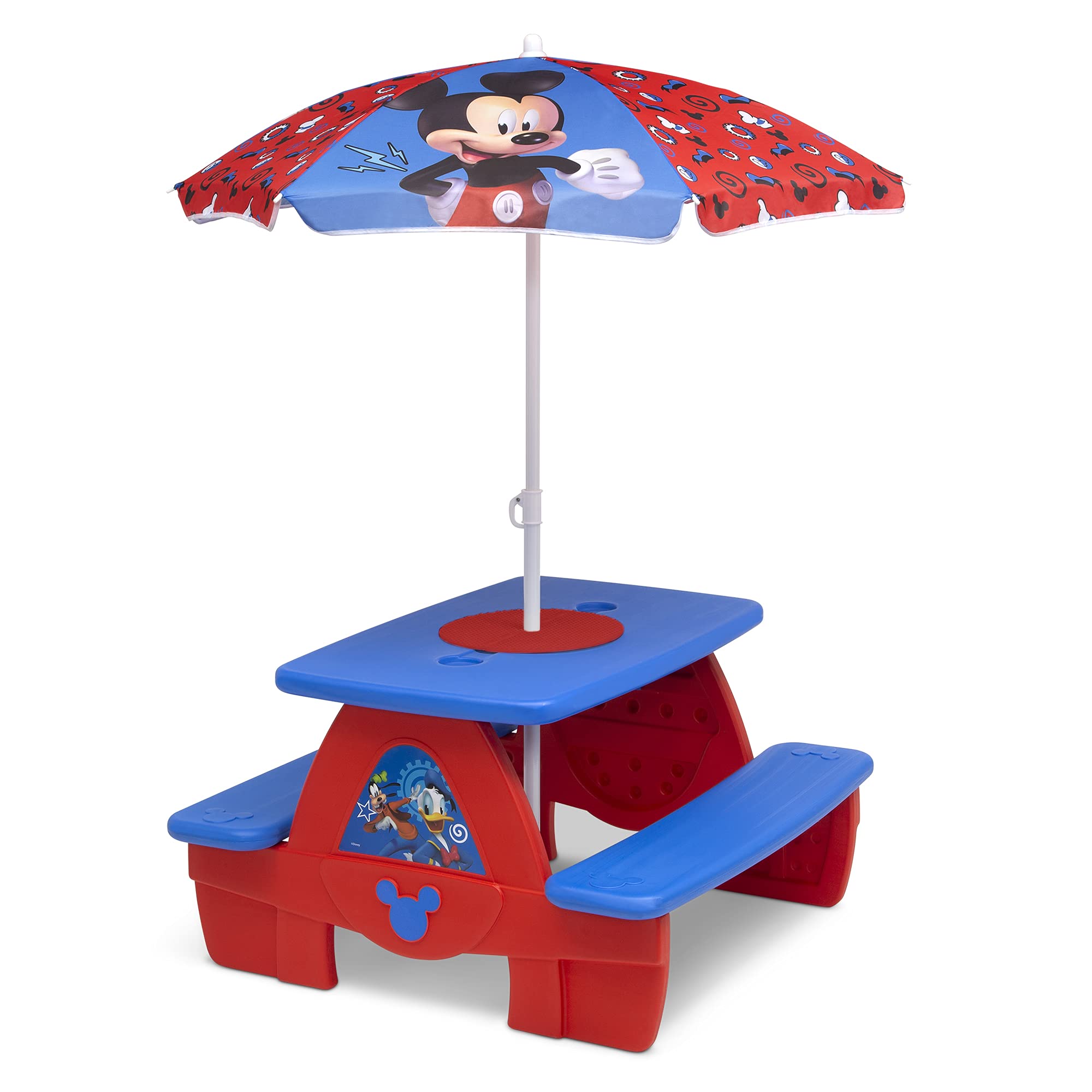 Disney Mickey Mouse 4-Seat Kids Picnic Table with Umbrella & LEGO-Compatible Tabletop - Outdoor Play, Birthday Parties, Backyard Fun by Delta Children