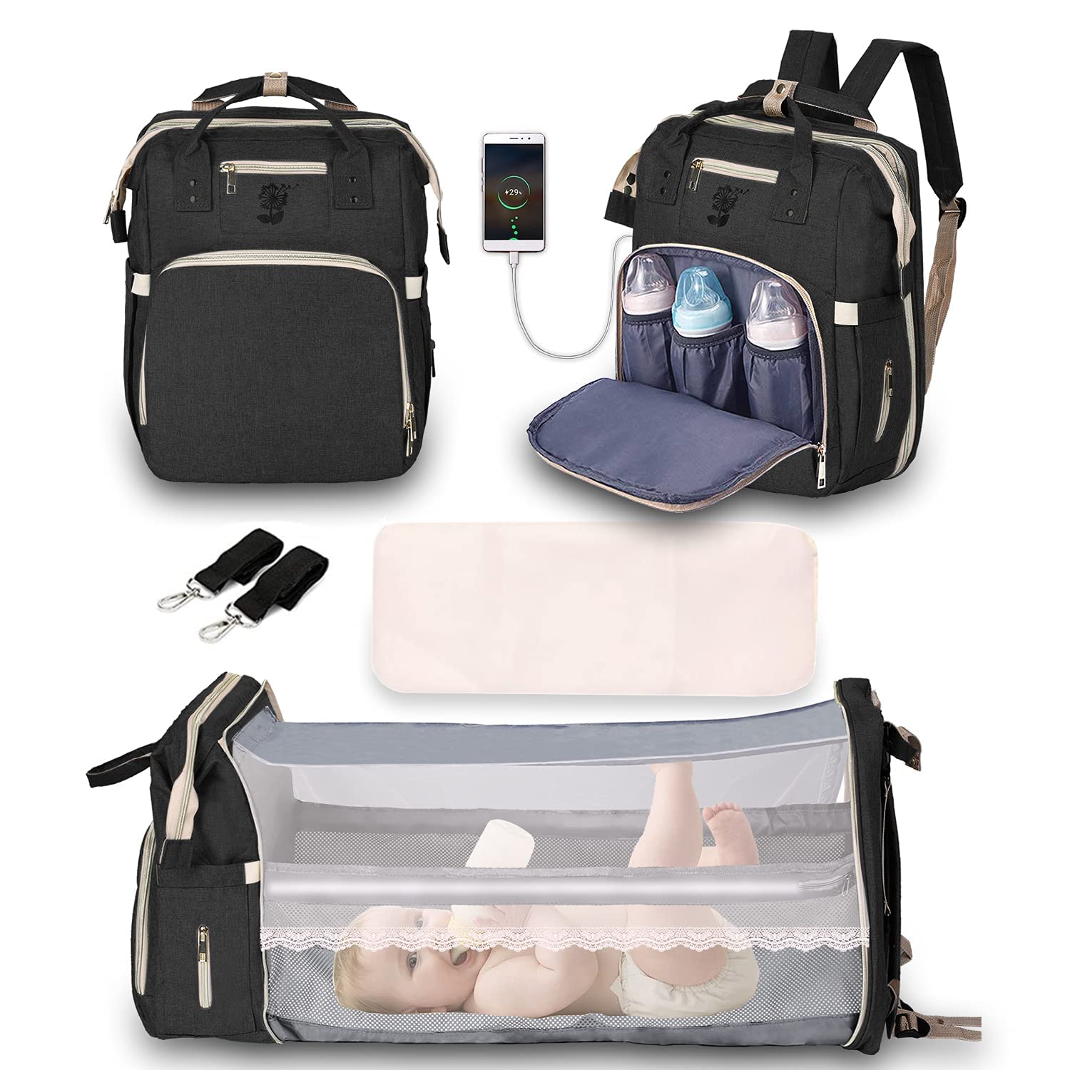 3 in 1 Multifunctional Diaper Backpack Organizer - Large Capacity Waterproof Baby Bag with 16 Pockets, Changing Station & Sunshade - Perfect for Travel, Daycare & Outdoor Activities (Style A)