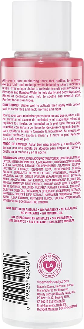 FREEMAN Beauty Witch Hazel Facial Toner with Korean Cherry Blossom - Hydrating Makeup Remover for Face, 6.1 Fl Oz - Perfect for Daily Skincare Routine & Post-Makeup Cleansing