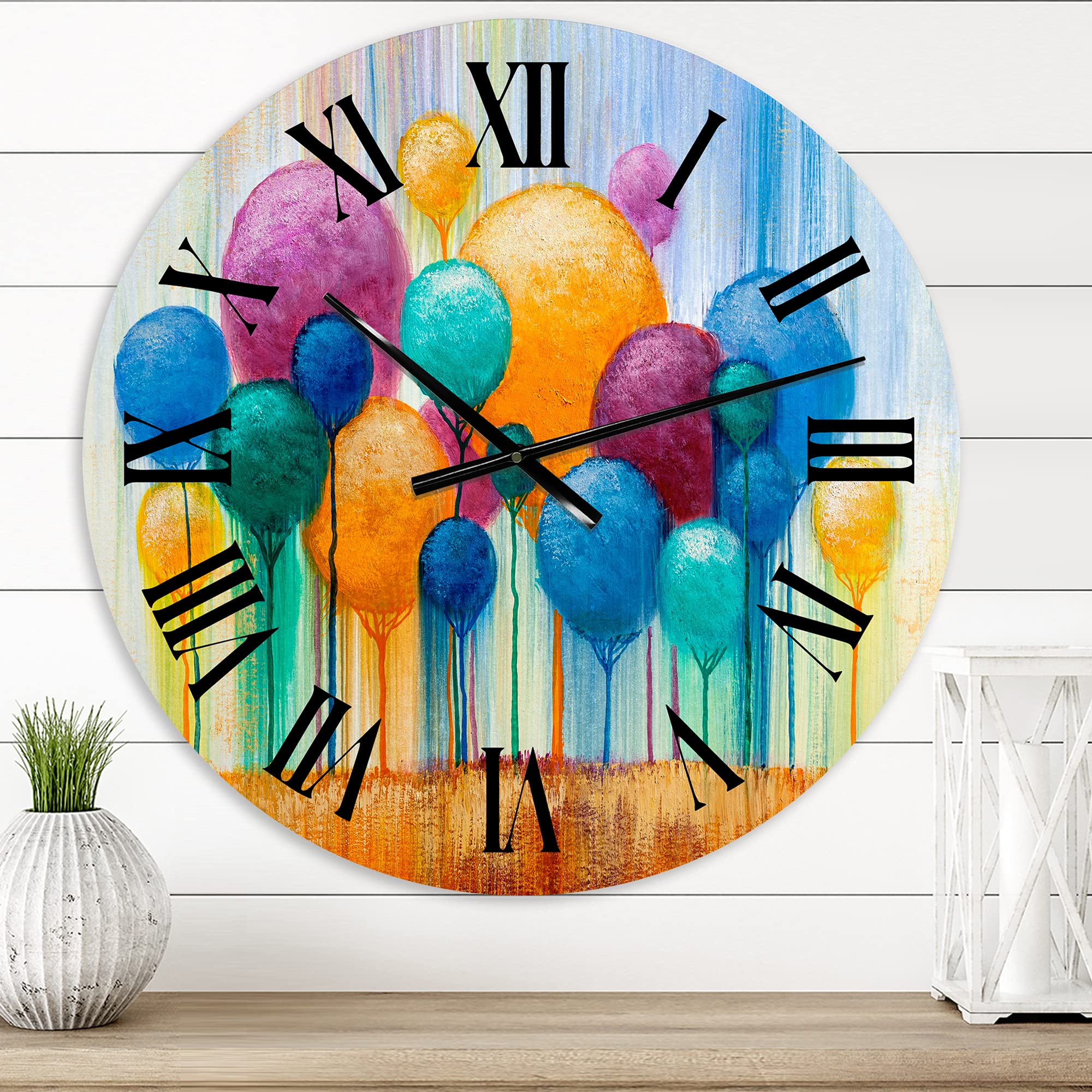 DesignQ Modern Wall Clock 'Colorful Ornamental Trees IV' - Large Fantasy & Sci-Fi Wall Art for Home & Office Decor | Perfect for Living Room, Bedroom, Kitchen
