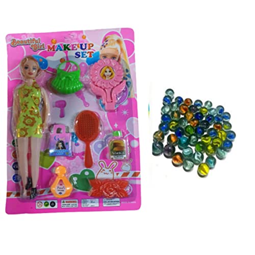 IMTION 2 in 1 Marble Glass & Makeup Play Set for Girls - 50 Pcs Kanche Marbles + Pretend Beauty Kit - Perfect Birthday Gift for Kids | Pretend Play, Dress Up & Party Fun
