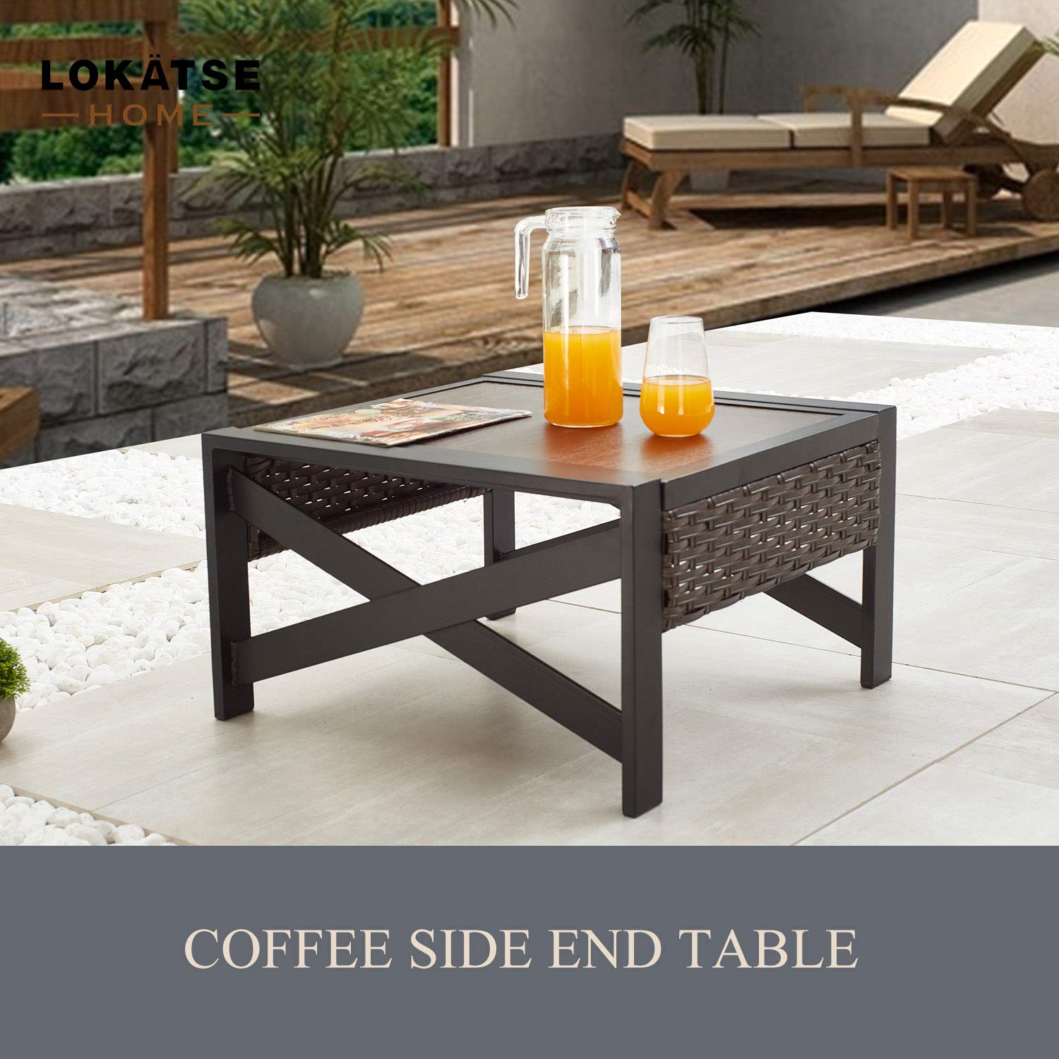 LOKATSE HOME Outdoor Metal Patio Bistro Table with X-Shaped Steel Legs & Wicker Rattan Top - Brown Side Table for Coffee, Garden, Balcony, and Poolside Use