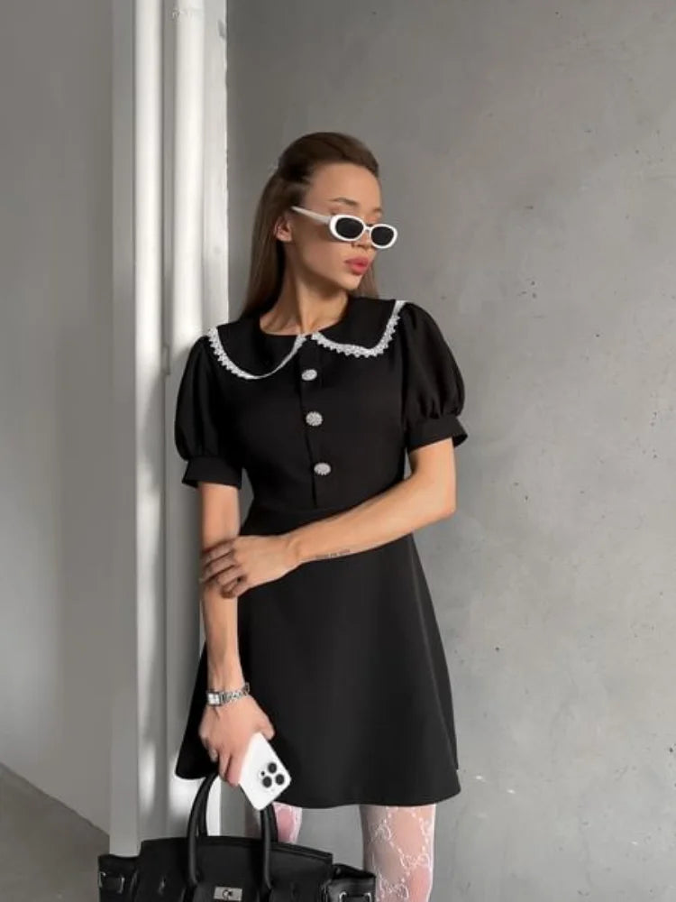 Elegant Doll Collar Mini Dress for Women - Spring Summer Chic Solid Short Sleeve Sexy Slim Button Dress - Perfect for Office Commute, Date Night & Cocktail Parties