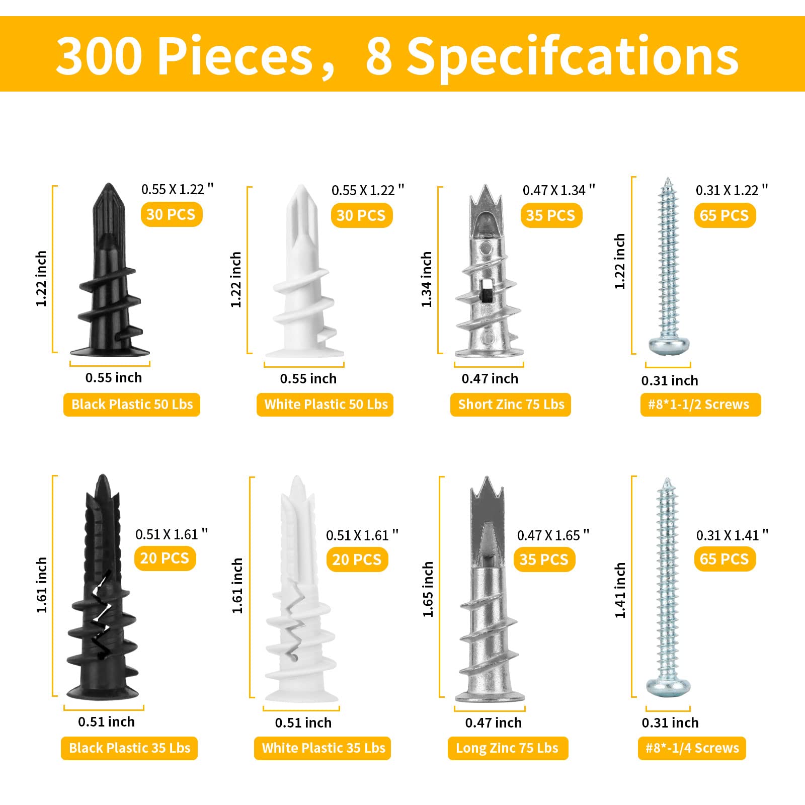 300 PCS Self-Drilling Drywall Anchors & Screws Kit - Heavy Duty Wall Anchors for Drywall, Sheetrock, Hollow Doors & Plaster Walls - Includes Organizer Box for Easy Storage - Perfect for Home Improvement & DIY Projects