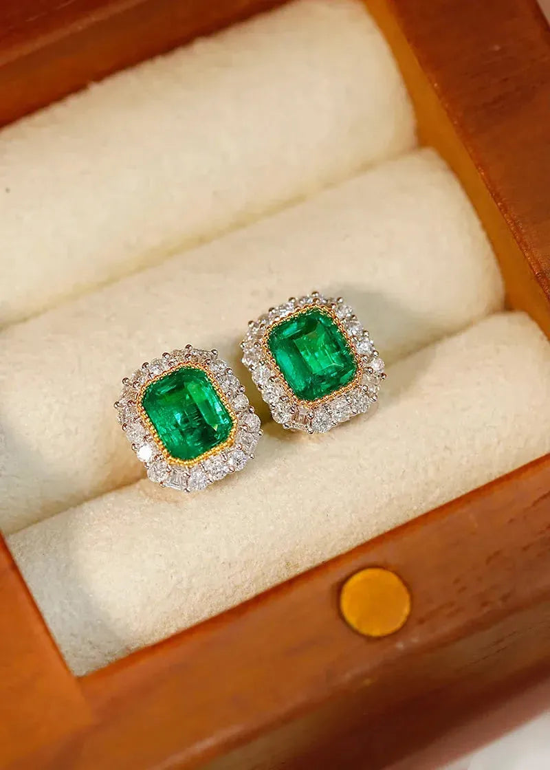 18K White & Yellow Gold Emerald Diamond Stud Earrings for Women | Luxury Natural Gemstone Jewelry | Perfect for Parties, Weddings & Special Occasions