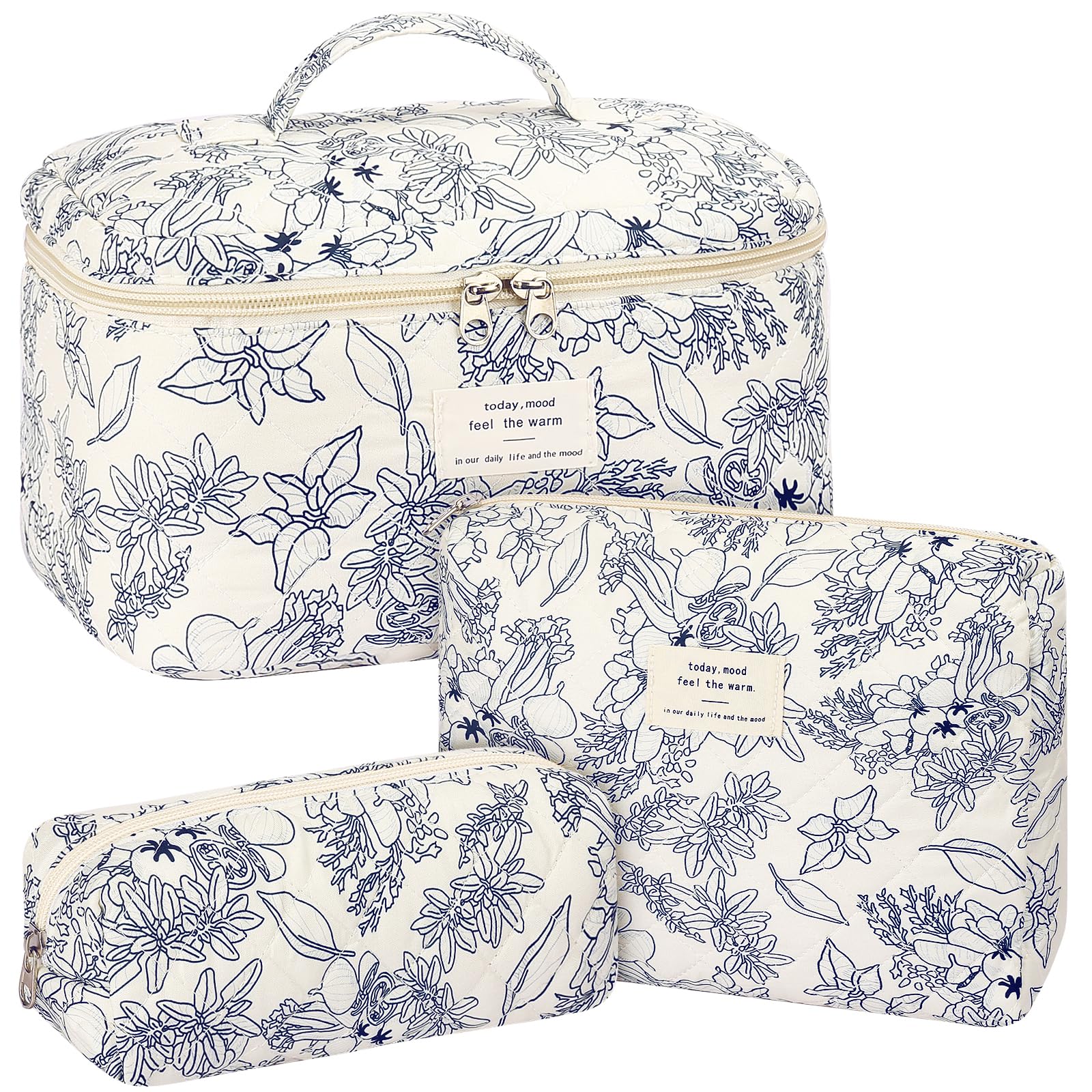 Mossio Large Floral Quilted Cotton Makeup Bag - Cute Cosmetic Organizer for Women & Girls, Travel Toiletry Pouch, Navy Blue - Perfect for Travel, Gym, and Daily Beauty Essentials