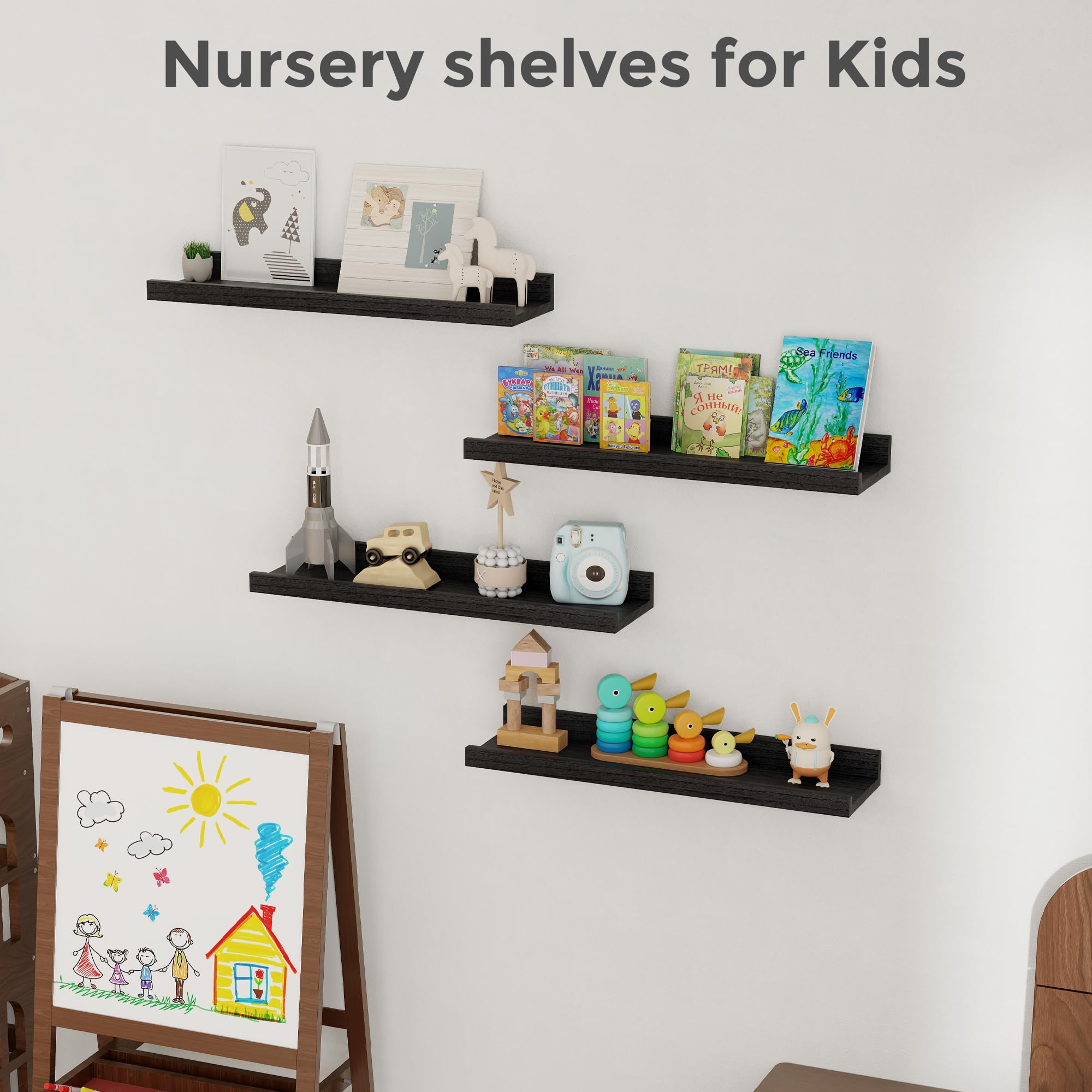 Rustic Black Floating Shelves with Lip - Set of 4 Solid Wood Wall Shelves (24 Inch) for Nursery, Kids Room, Living Room & Bedroom | Perfect for Books, Photos, Decor & Display | Wall Mounted Picture Ledge Shelf for Home Organization