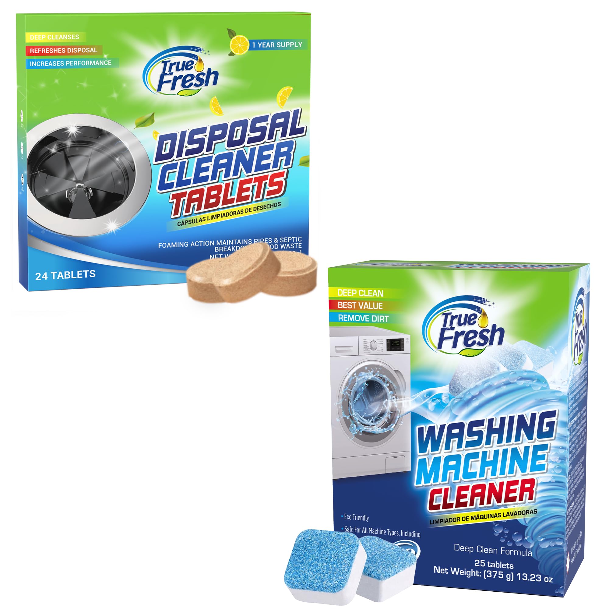 True Fresh Washing Machine Cleaner 25-Pack & Disposable Cleaner Tablets 24-Pack - Deep Clean & Deodorize Your Washer for Fresh Laundry | Perfect for HE, Front & Top Load Machines