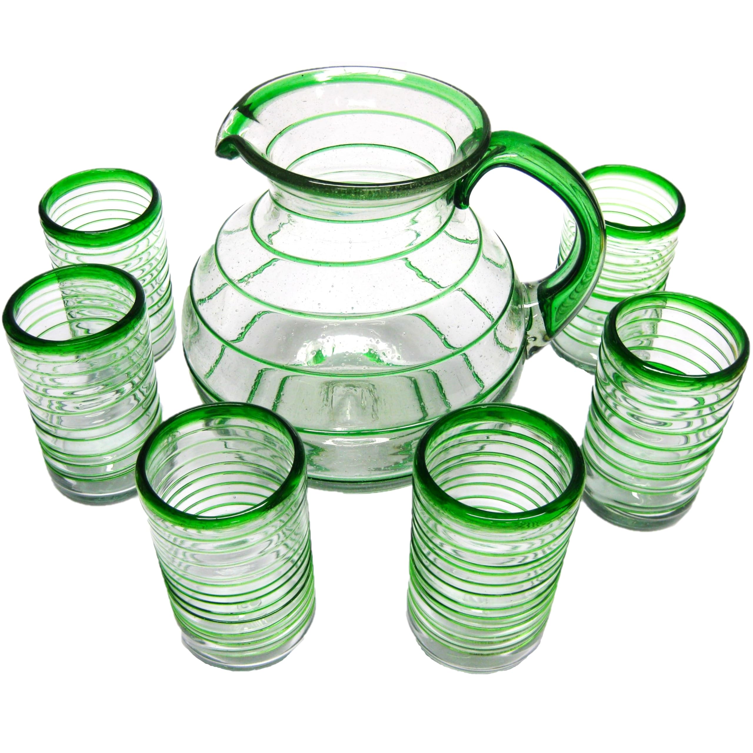 Emerald Green Spiral 120 oz Pitcher with 6 Matching Glasses Set - Lead-Free, Toxin-Free Recycled Glass - Perfect for Iced Tea, Lemonade & Summer Entertaining
