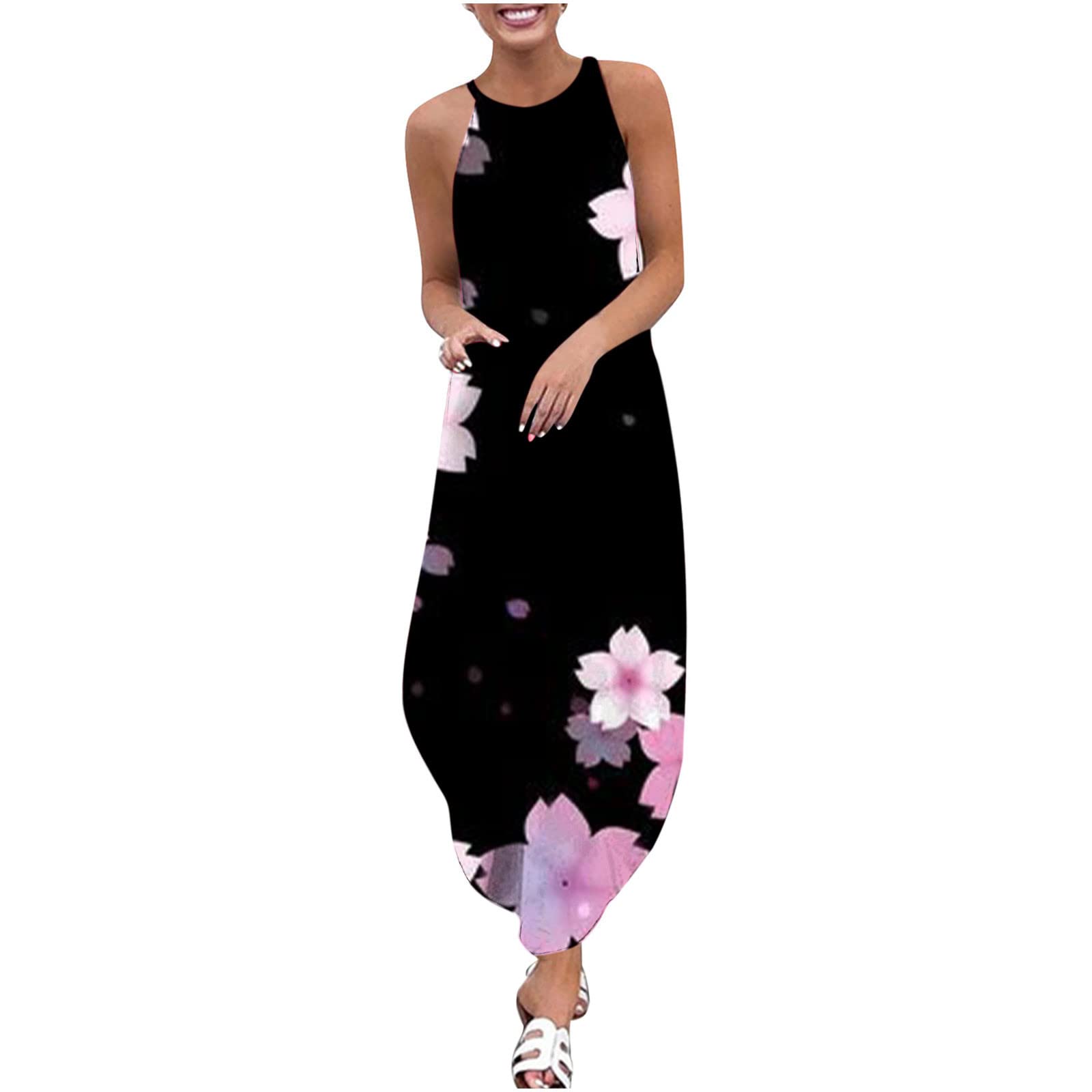 Women's Summer Sleeveless Floral Print Maxi Dress - Casual Beach Cover Up, Boho Halter Sundress for Vacation, Pool Party & Outdoor Date Night