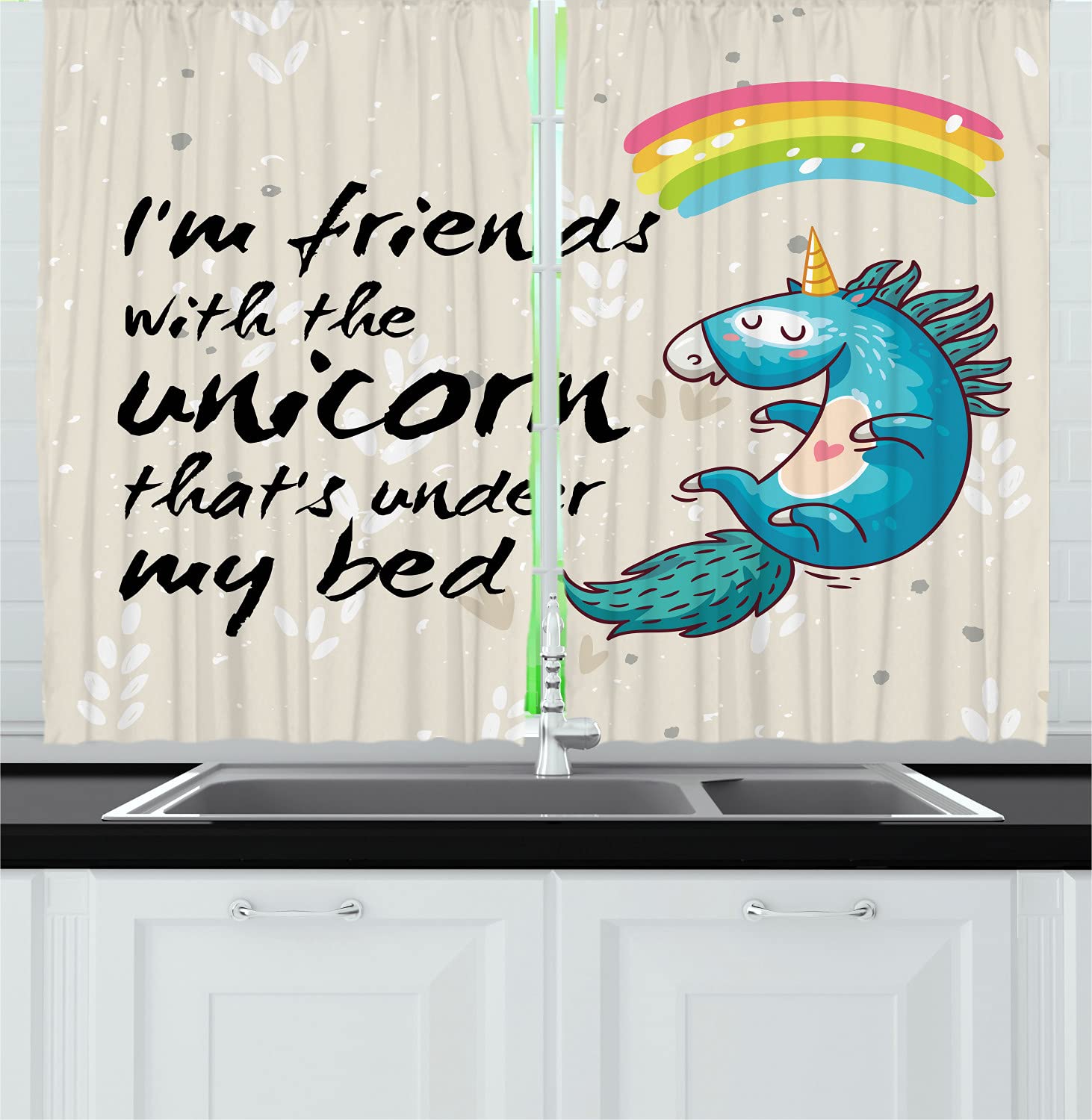 Ambesonne Unicorn Dreaming Rainbow Kitchen Curtains - 55