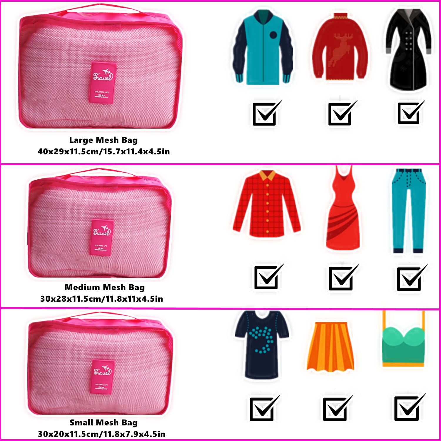 6-Piece Packing Cubes Set - Travel Laundry Storage Bags & Luggage Organizers, Compression Packing Cubes for Suitcases, Backpacks & Travel Accessories (Hot Pink) - Perfect for Business Trips, Vacations & Weekend Getaways