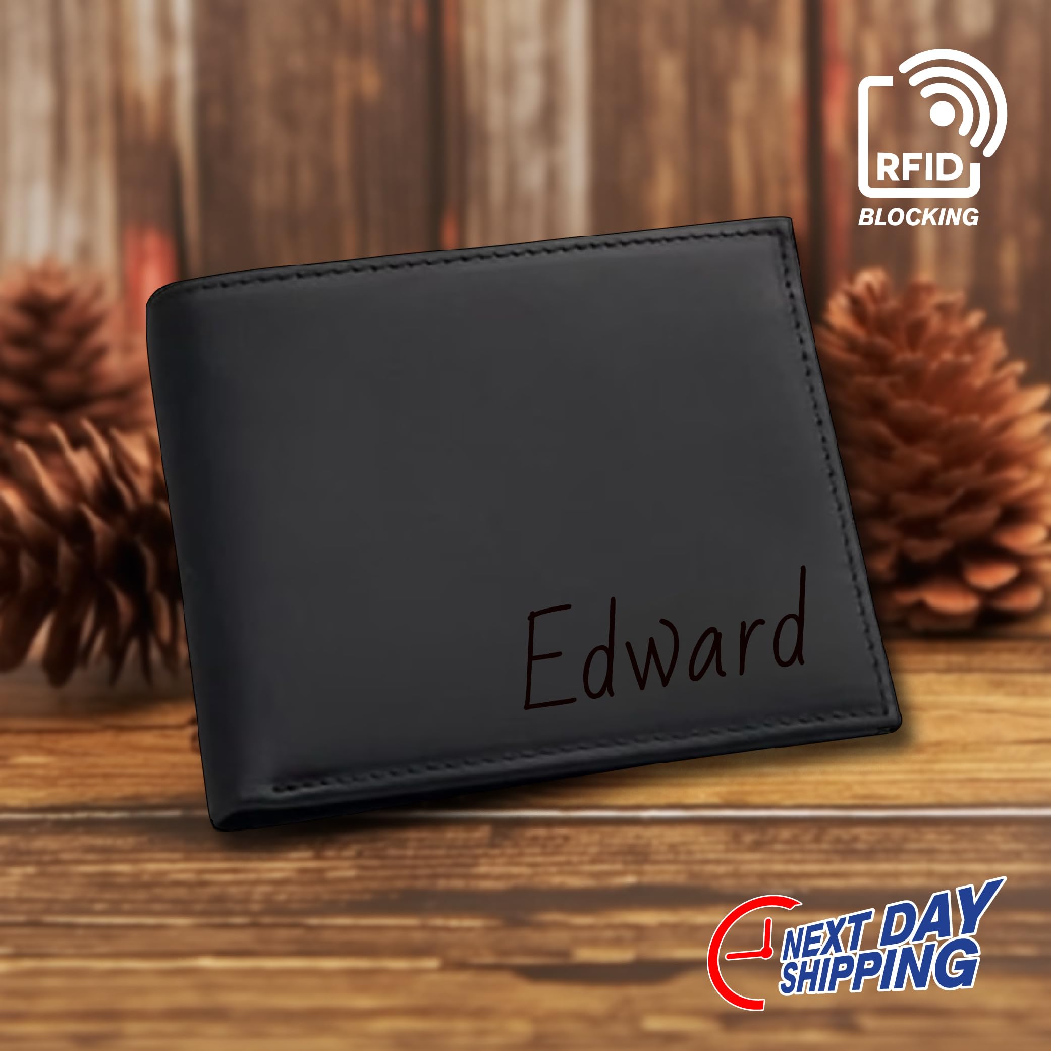 Genuine Leather Personalized Men's BLACK Wallet - Custom Engraved RFID Blocking Full Grain Leather Wallet for Dad, Husband, Son | Perfect Father's Day Gift, Birthday Present & Everyday Carry Accessory