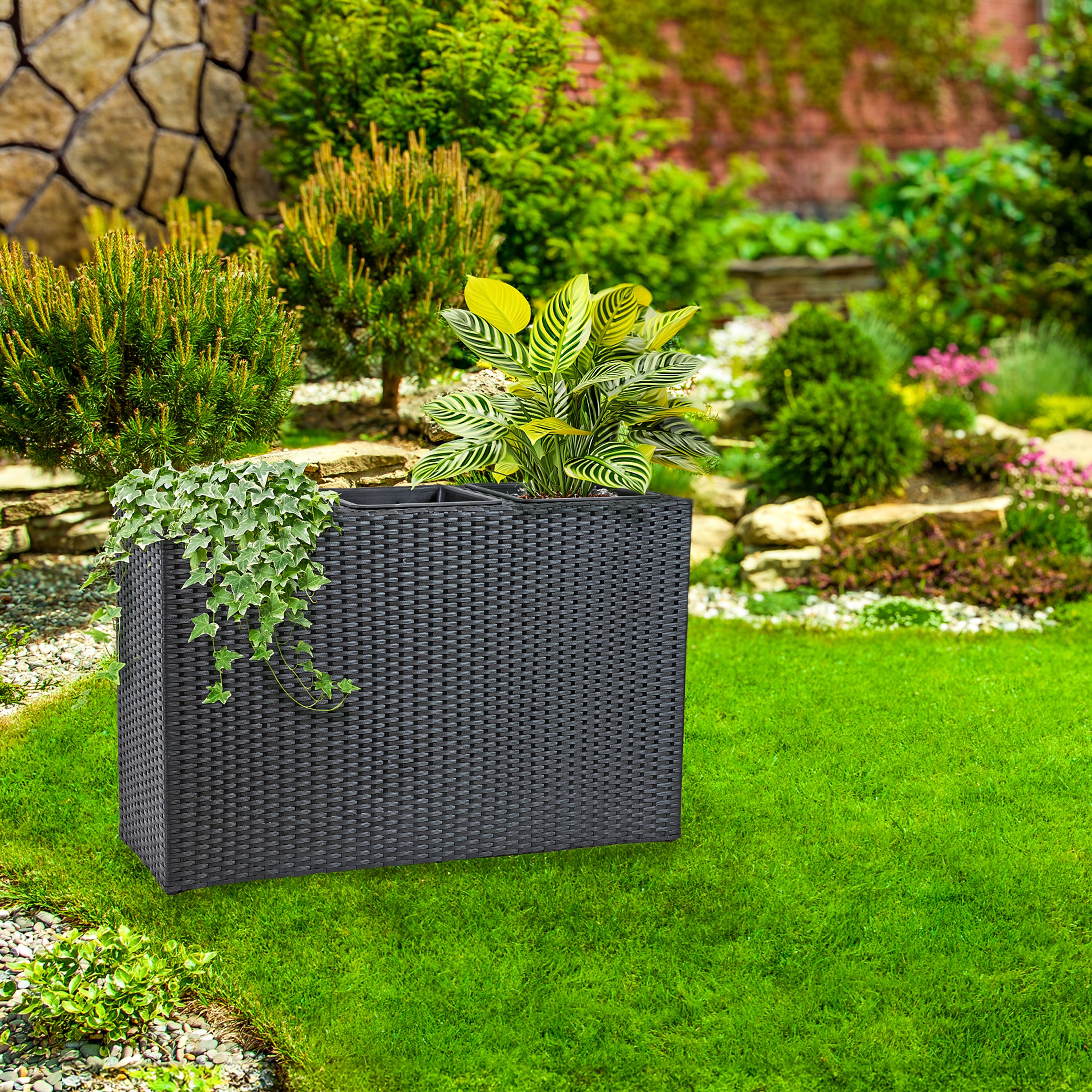 Sunnydaze 3-Section Black Wicker Planter Box for Indoor Outdoor Garden, Patio, Balcony Decor - Perfect for Flowers, Herbs, and Plants