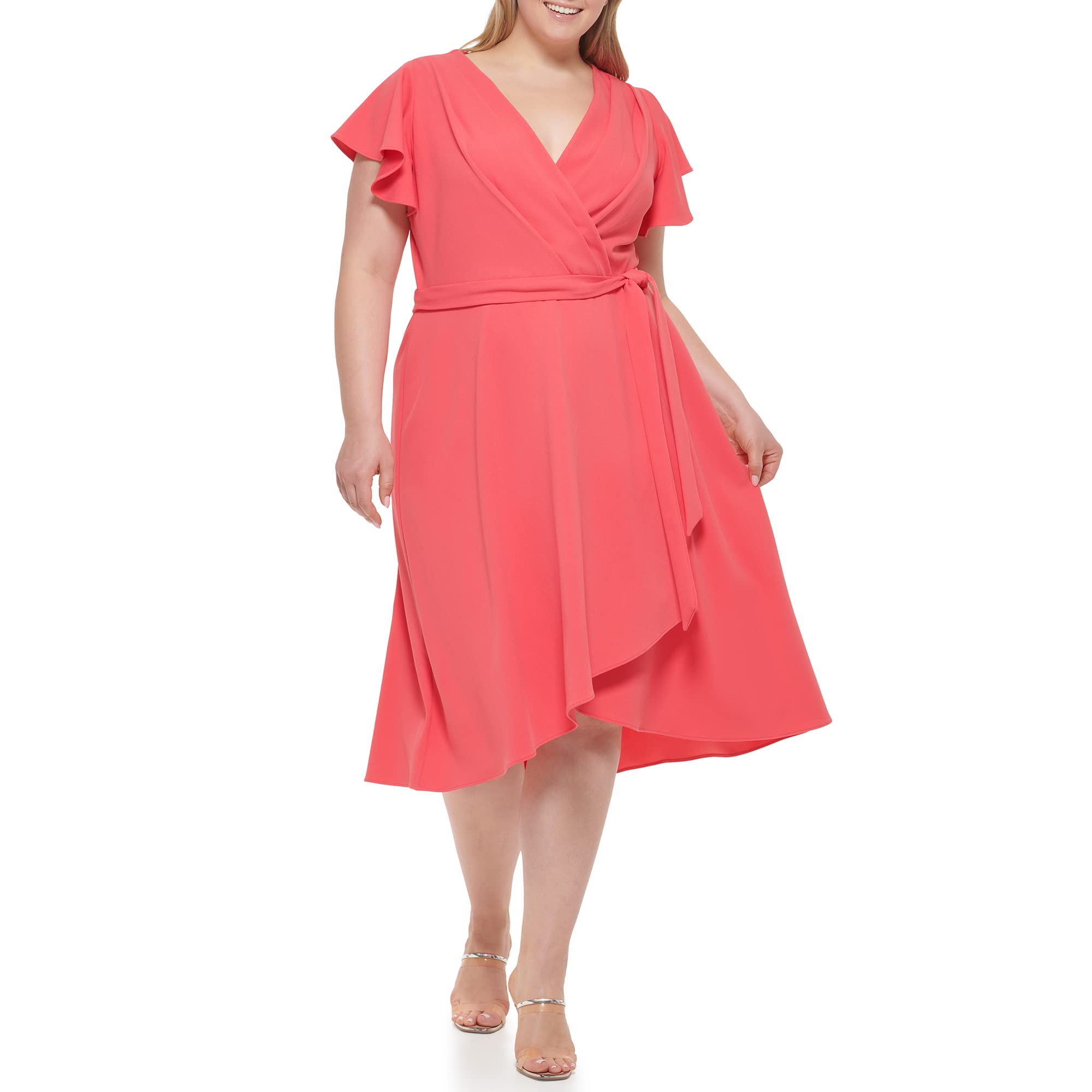 DKNY Women's Balloon Sleeve Faux Wrap Dress - Elegant Flowy Midi Dress for Work, Party & Special Occasions | Plus Size Options Available