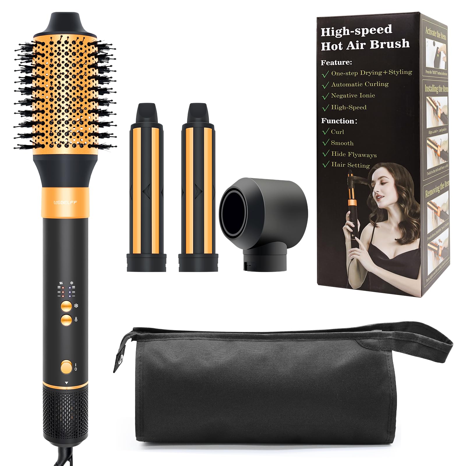 Professional Air Styler Hair Dryer Brush - 110,000 RPM Powerful Blow Dryer for Fast Drying, Curling & Volumizing | Auto-Wrap Curlers, Oval Brush & Round Nozzle | Salon-Quality Styling at Home (Black-Orange) - Perfect for Daily Hair Care, Salon Styling & Travel