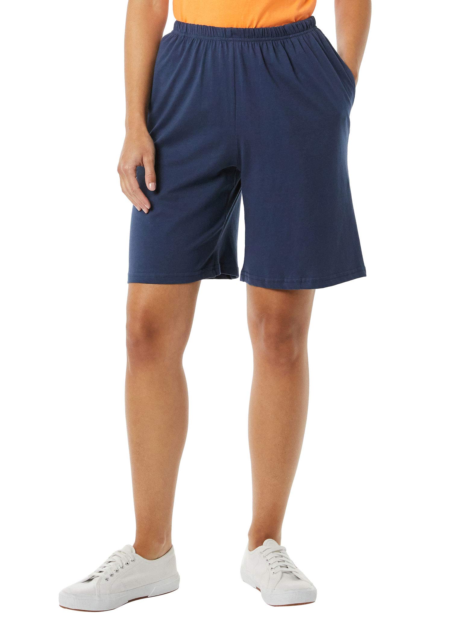 AmeriMark Women's Cotton Bermuda Shorts - Elastic Waist Athletic Pull-On Golf Shorts with Pockets for Women - Perfect for Golf, Running, Yoga & Casual Wear