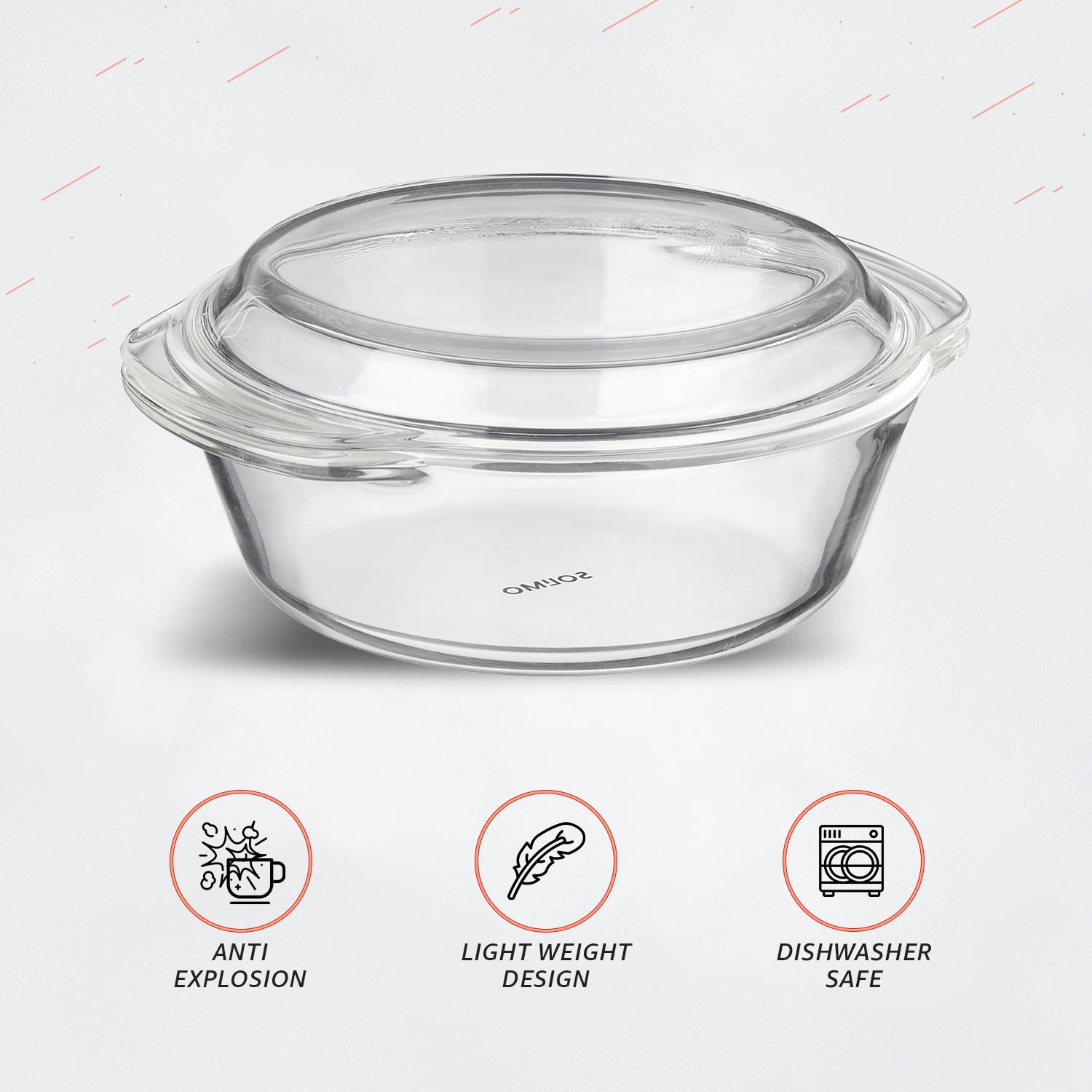 Solimo Borosilicate Glass Casserole & Serving Bowl Set with Lid - 2-Piece (1000ml & 1500ml) Oven & Microwave Safe - Perfect for Baking, Roasting, Meal Prep & Entertaining