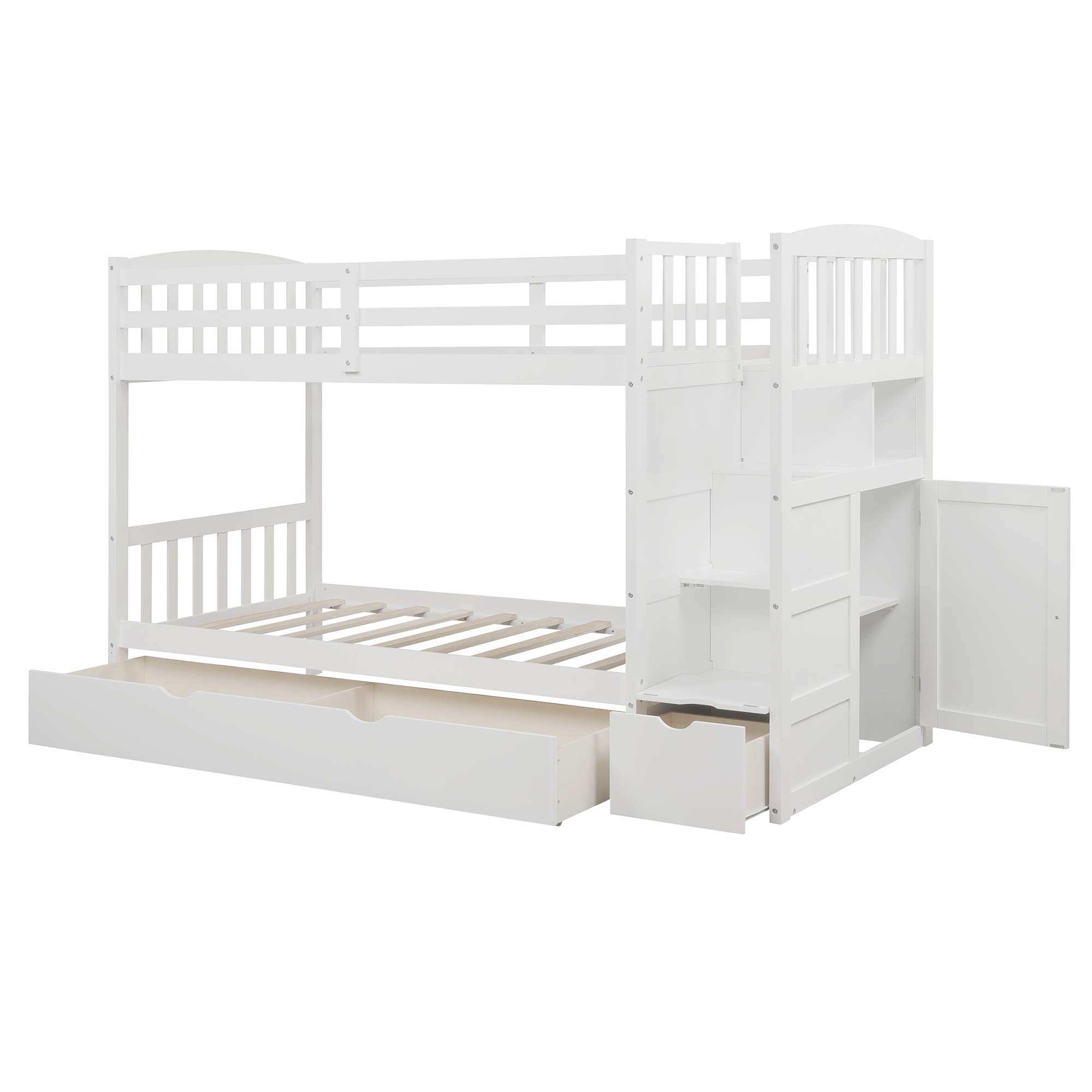 Twin Over Full Bunk Bed with Storage Shelves & Drawers - Convertible Bottom Bed, No Box Spring Needed - Space-Saving Kids Bedroom Furniture for Small Rooms & Shared Spaces (White)