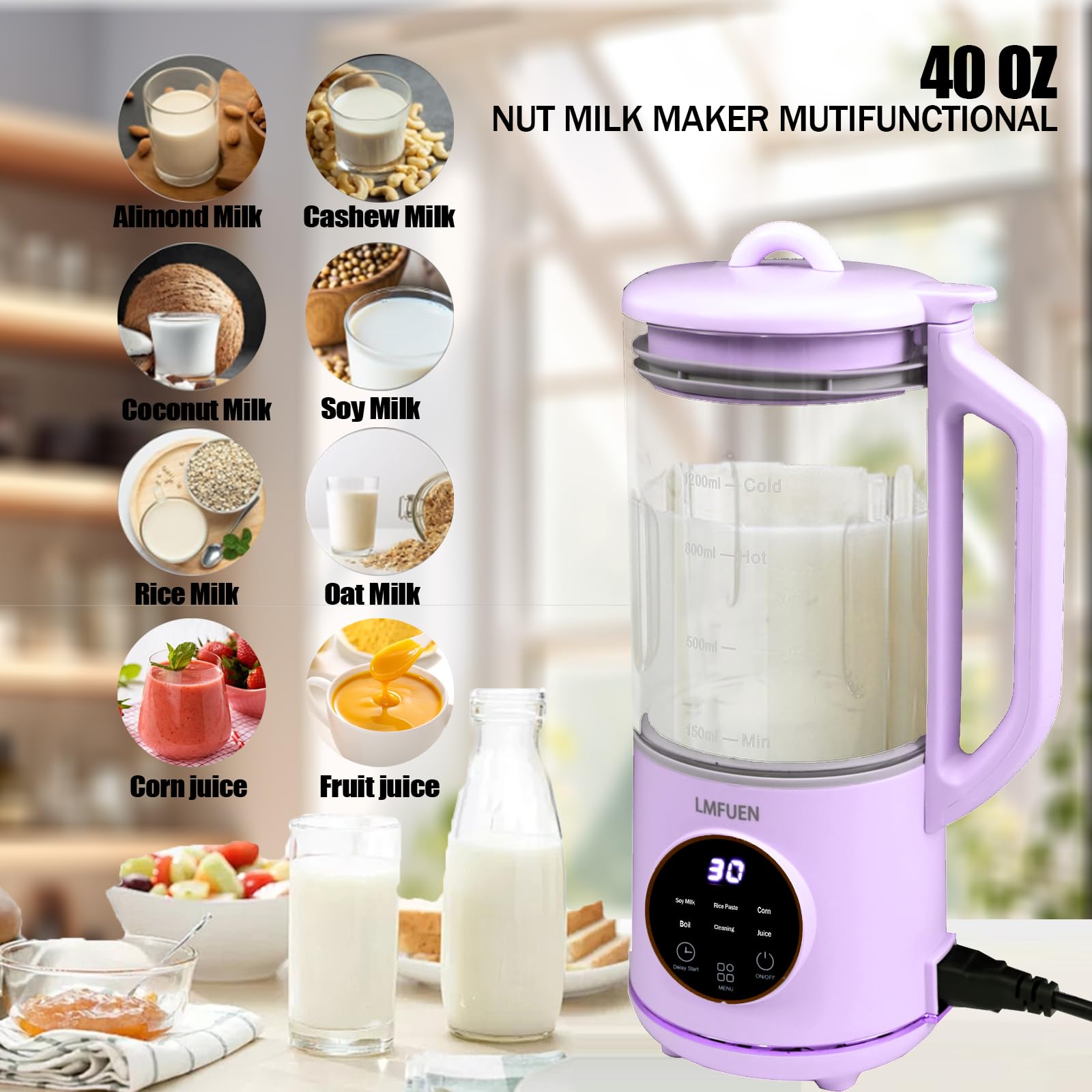 Automatic Nut Milk Maker Machine - 40oz Electric Soy Milk Maker for Homemade Almond, Oat, Soy & Plant-Based Milk, Soup Maker with Delay Start, Keep Warm & Self-Cleaning Function (Purple) - Perfect for Vegan, Keto & Healthy Lifestyle Breakfasts