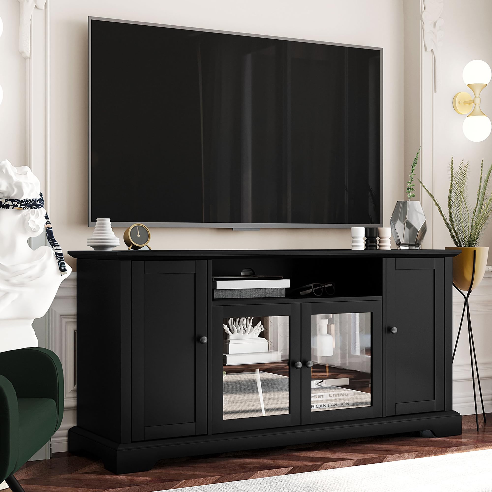 Modern Wooden TV Stand for 65 Inch TVs - Traditional Entertainment Center with Adjustable Shelves & Tempered Glass Doors - 59.8 Inch Black Storage Cabinet - Perfect for Living Room, Home Theater & Media Organization