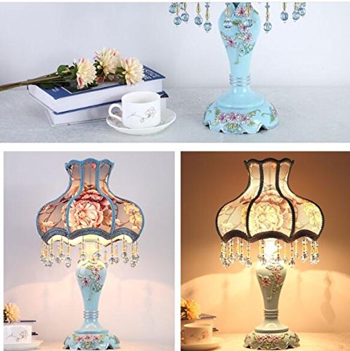 Tiffany Style Dimmable Table Lamp - Victorian Jeweled Desk Lamp with Floral Cloth Shade & Resin Base (Blue) - Perfect for Home Office, Bedroom Nightstand, and Living Room Decor