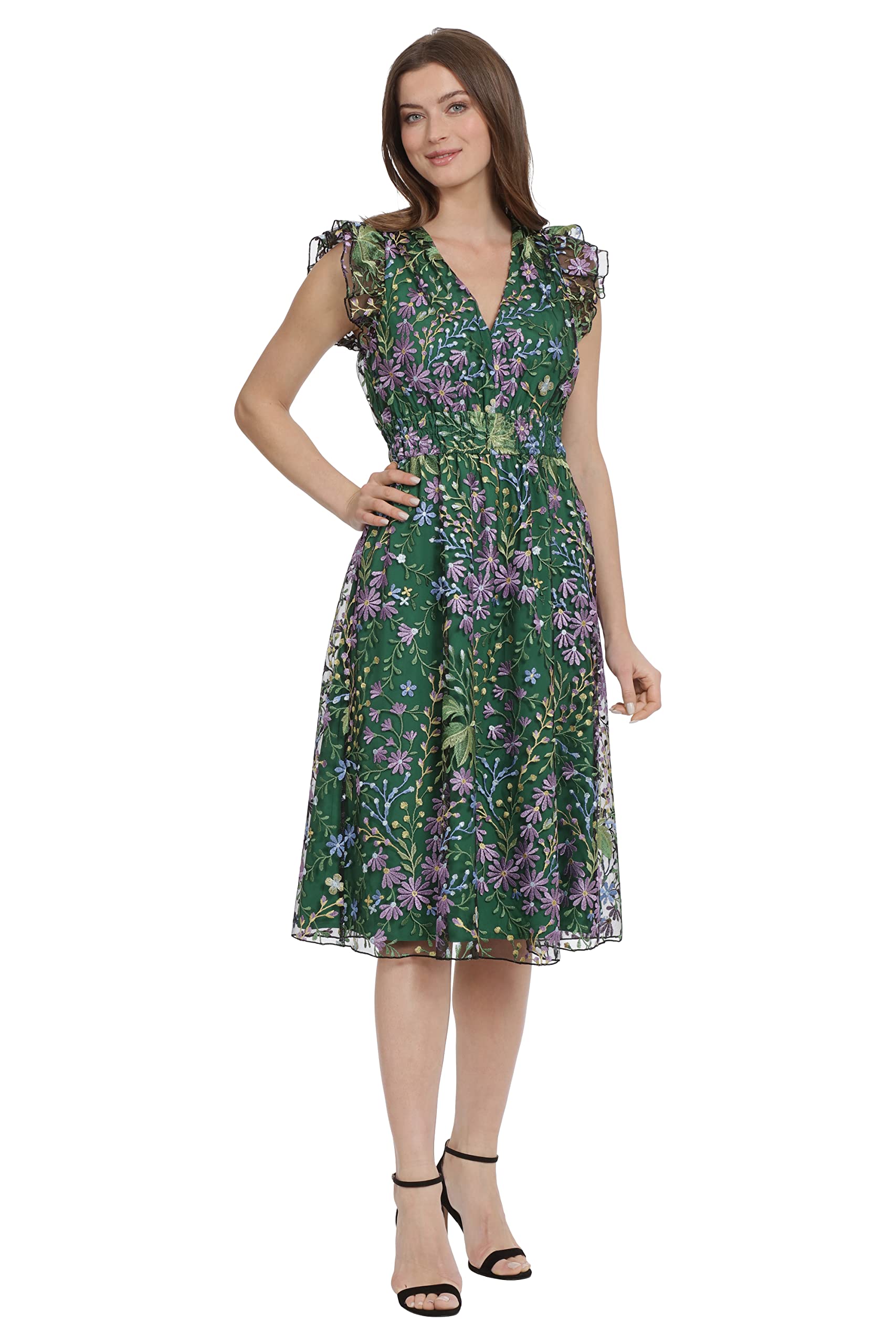 Maggy London Women's Floral Embroidered V-Neck Dress - Colorful Garden Print Party Gown for Wedding Guest, Cocktail Event & Special Occasions