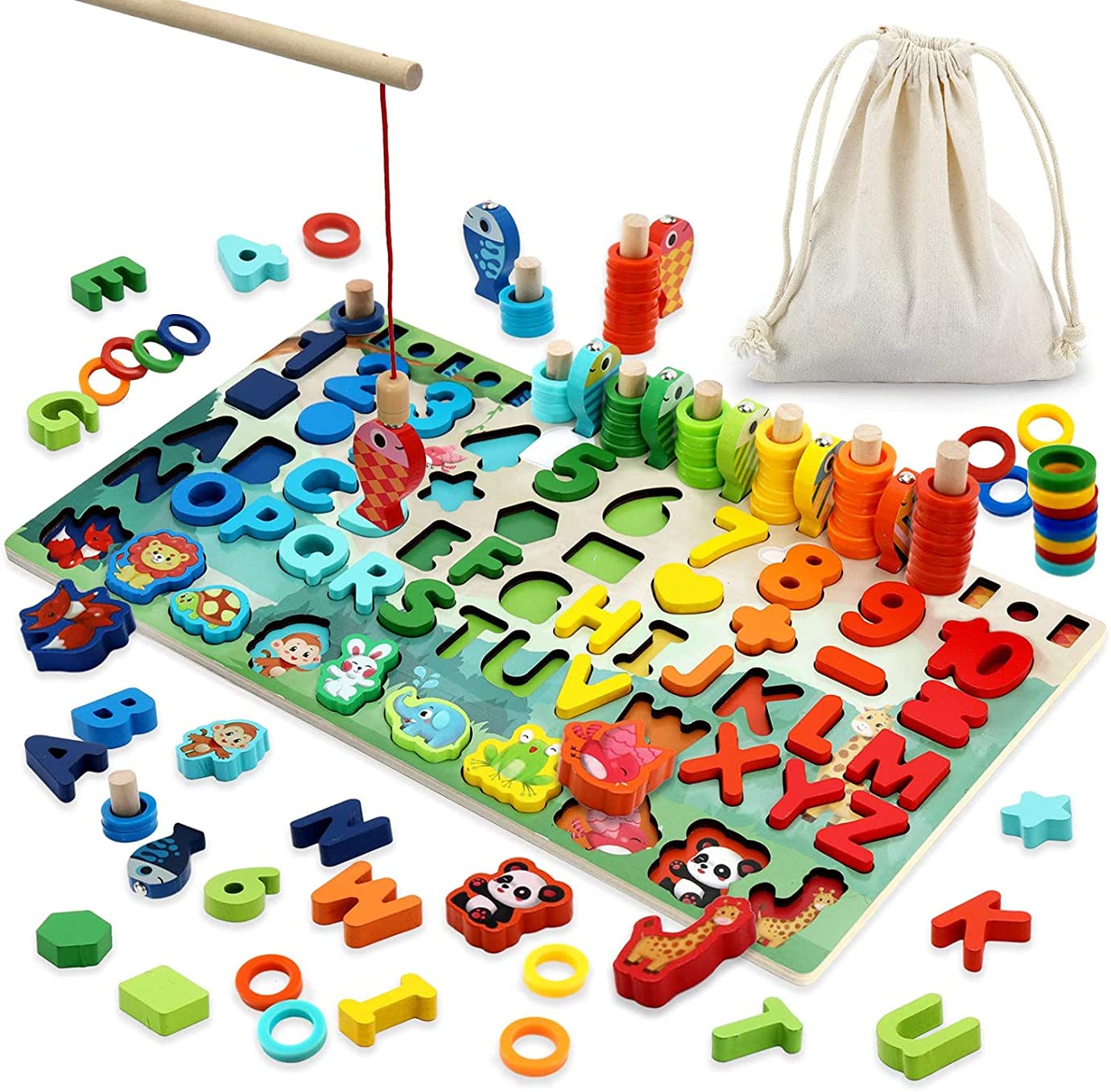 Montessori Wooden Number Puzzle Toys for Toddlers Ages 3-6 - Educational Shape Sorter Counting & Stacking Blocks with Fishing Game - Preschool Learning Activities for Boys & Girls | Perfect for Homeschooling, Daycare & Early Math Development