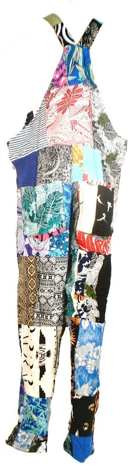 Fair Trade Patchwork Dungarees with Real Patches by Terrapin - Large Size, Multicolor Design for Women | Eco-Friendly Overalls for Casual Wear, Music Festivals & Vintage Fashion