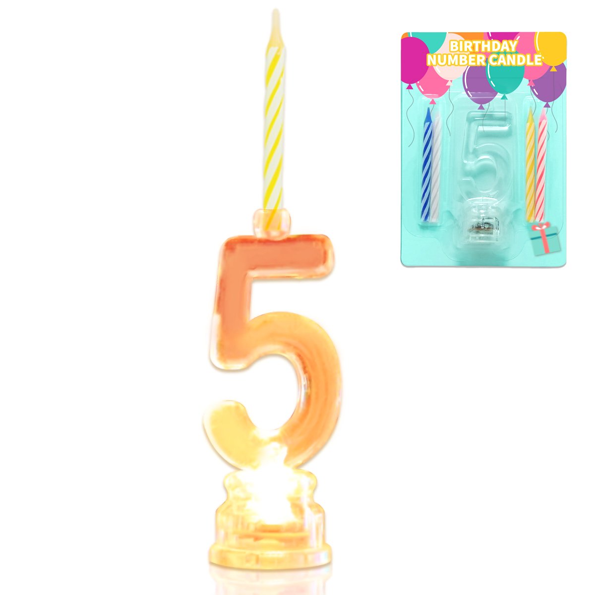 Flashing Multicolor LED Birthday Number 5 Candle Set - Wax Candles & Light Up Cake Topper for Birthday Parties, Anniversaries, Celebrations