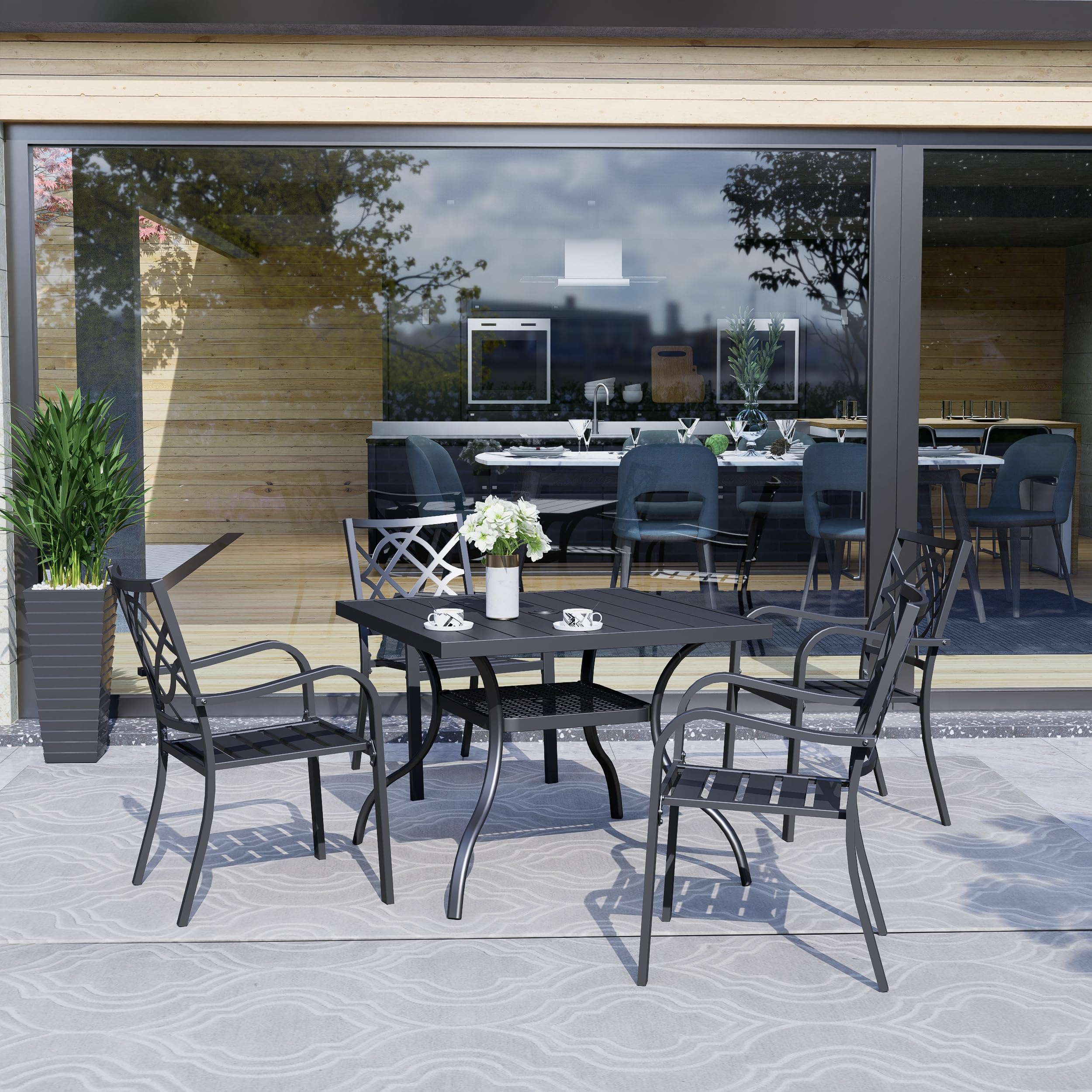 SOLAURA 5-Piece Outdoor Patio Dining Set - 4-Person Metal Table & Stackable Chairs with 1.57