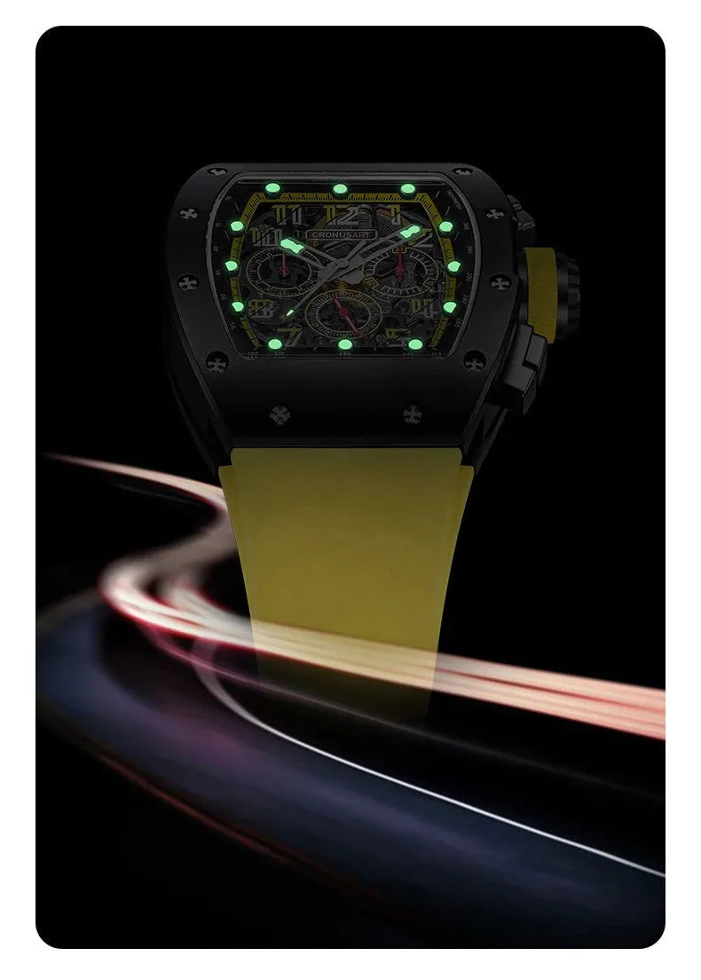 CRONUSART Men's Chronograph Watch - 50mm Tonneau Automatic Mechanical Wristwatch with Luminous Sapphire & Fluororubber Strap - 3 Windows Display - Perfect for Business, Casual & Outdoor Activities