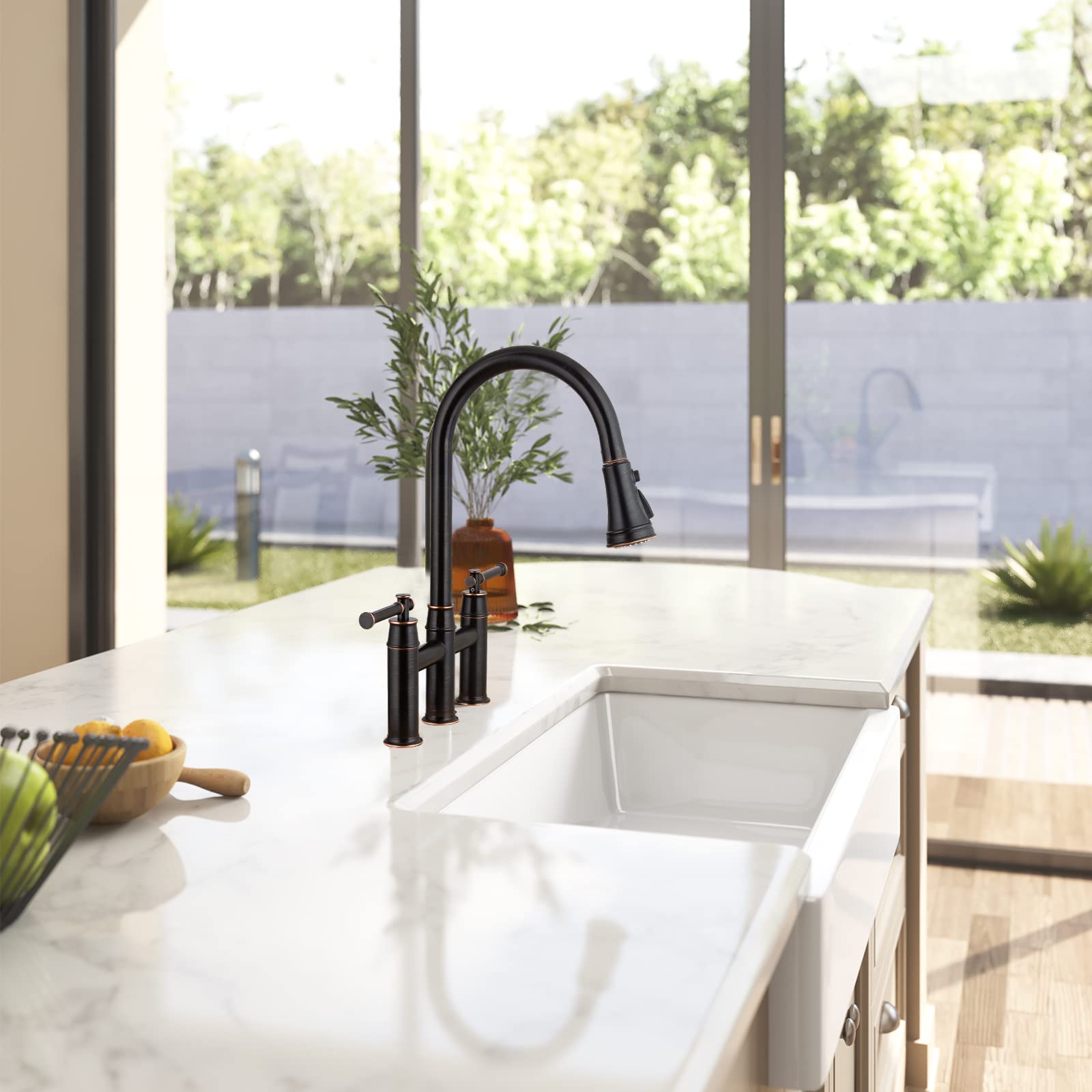 Oil Rubbed Bronze Bridge Kitchen Faucet with Pull Down Sprayer - Oakland Brass 2 Handle 3 Hole Spot-Resistant Lead-Free Faucet (Model KSK8239-ORB) - Perfect for Modern Farmhouse & Industrial Style Kitchens