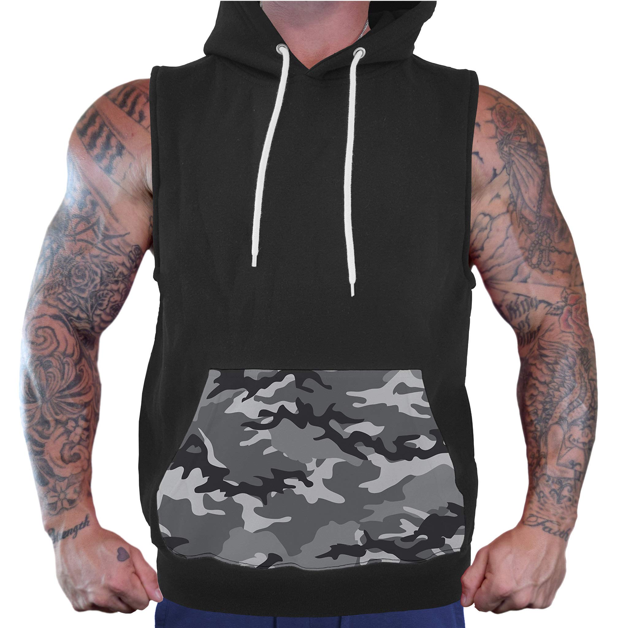 Men's White Camo Pocket Black Vest Hoodie - Lightweight Streetwear Jacket for Outdoor Activities & Casual Wear | PLY P56