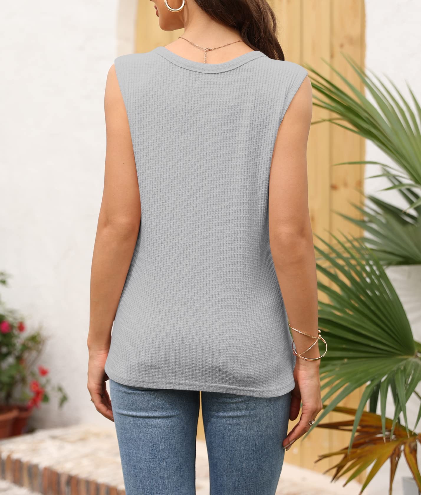 Women's V-Neck Waffle Knit Tank Tops - Summer Casual Sleeveless Loose Fit Tee Shirts for Women - Perfect for Beach, Gym, Yoga & Everyday Wear