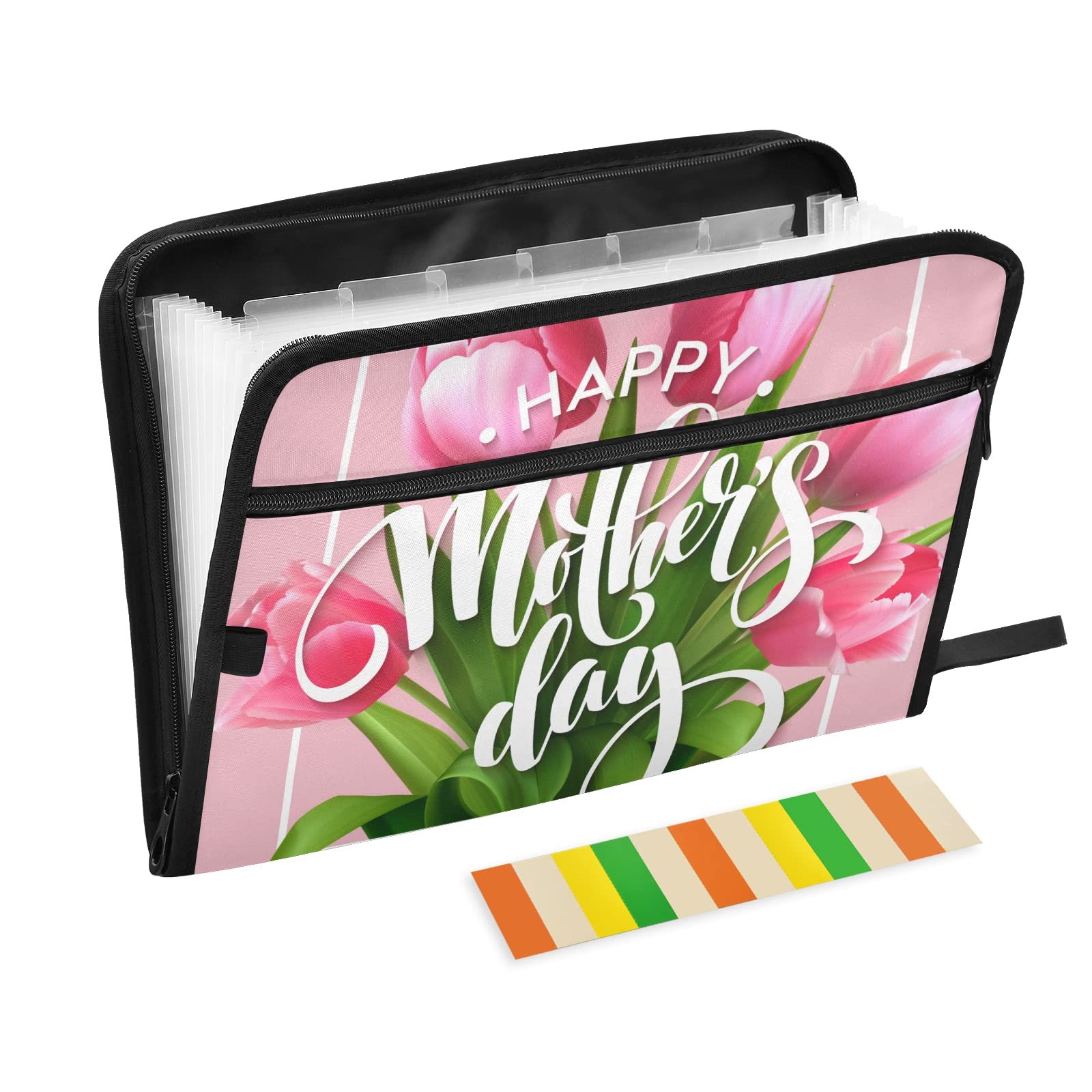 KFBE Pink Carnation Expanding File Folder with Sticky Labels - 13 Pocket Accordion Organizer for Letter & A4 Documents - Zipper Closure File Storage | Perfect for Office, School, Home & Tax Organization