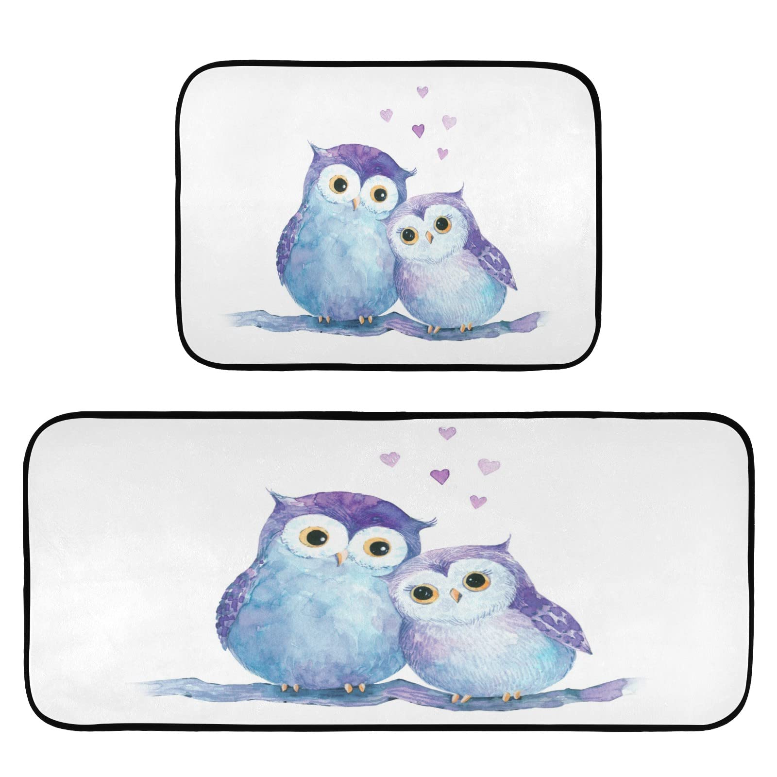 Non-Slip 2-Piece Kitchen Rugs Set with Cute Owl Design - Washable Anti-Fatigue Bathroom Floor Mats & Doormat (27