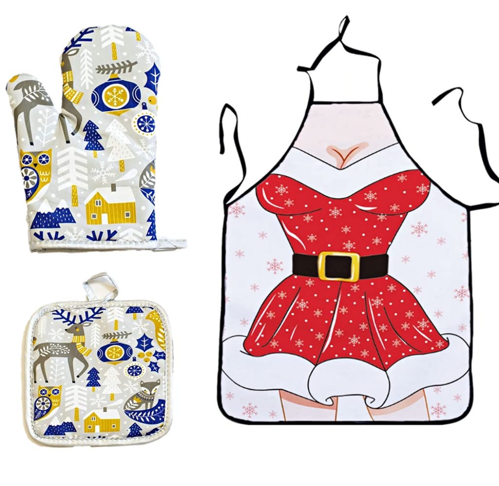 Festive Snowman Oven Mitts and Potholders Set - 3-Piece Non-Slip BBQ Gloves with Christmas Apron for Cooking, Baking & Grilling - Holiday Kitchen Gift & Decor (White) - Perfect for Christmas Baking, Holiday Cooking & Festive Kitchen Decorations