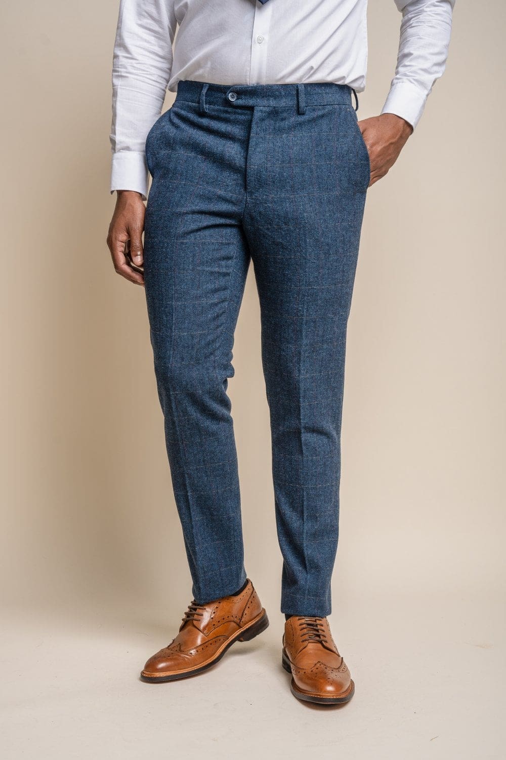 Cavani Carnegi Men's Slim Fit Blue Check Tweed Dress Pants - Formal Office Wear & Business Casual Trousers for Professional Style