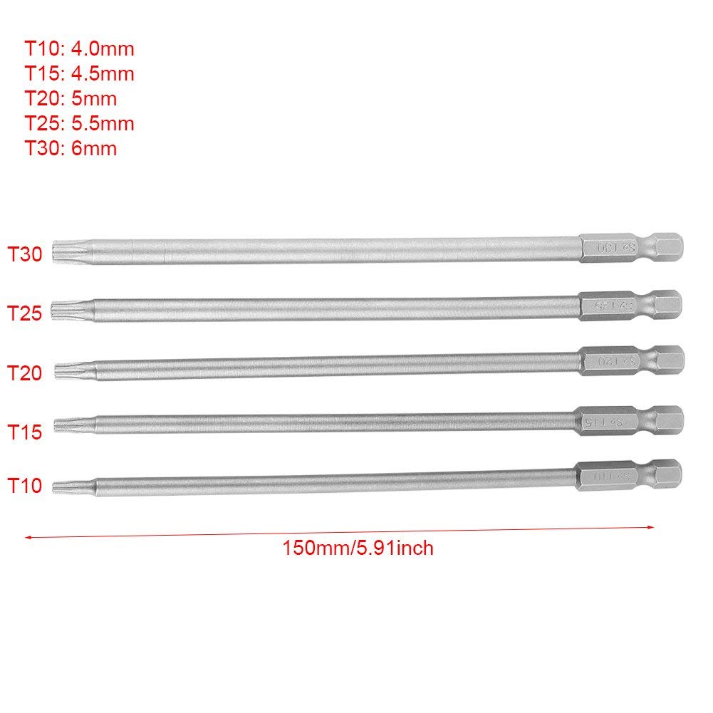 5Pcs T10-T30 Magnetic Star Torx Screwdriver Bits Set - 150mm Long 1/4