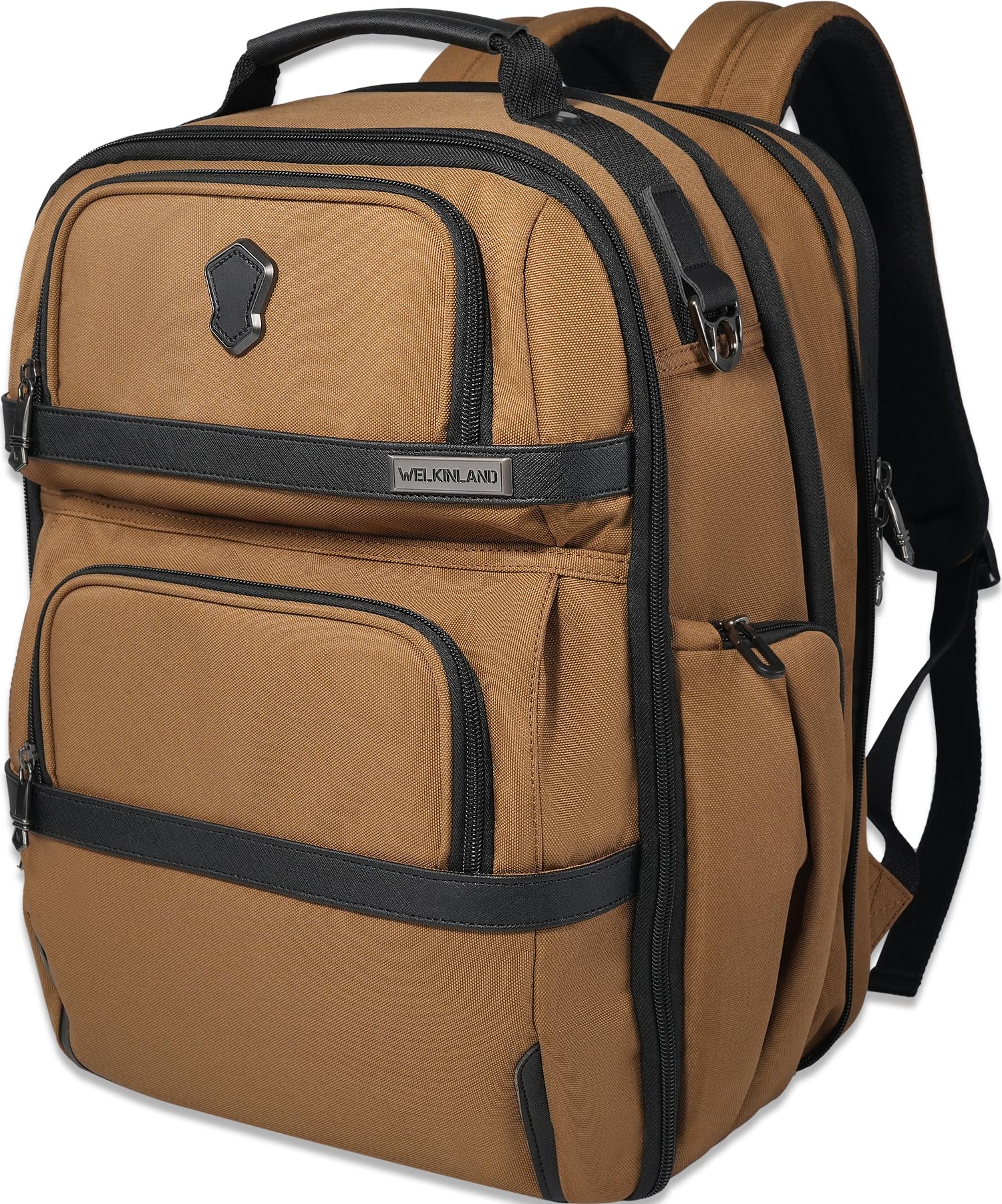 WELKINLAND 20-Pockets Expandable Travel Backpack for Men - 16-Inch Laptop Carry-On Backpack with Trolley Sleeve & Shoe Compartment - Perfect for Business Trips, Air Travel & Weekend Getaways