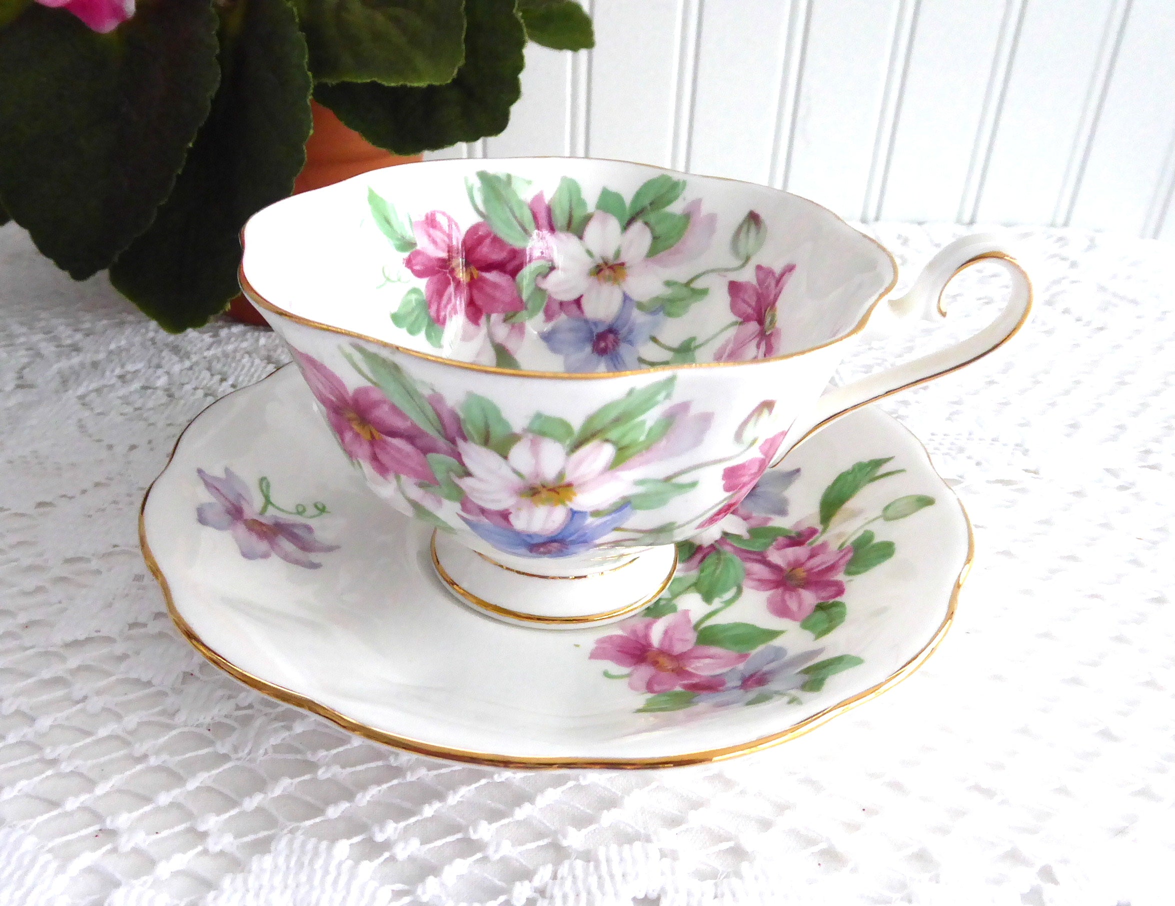Vintage Royal Albert English Bone China Clematis Cup and Saucer Set - Floral Tea Cup Collection from 1950s - Perfect for Afternoon Tea, Collectors, and Vintage Home Decor