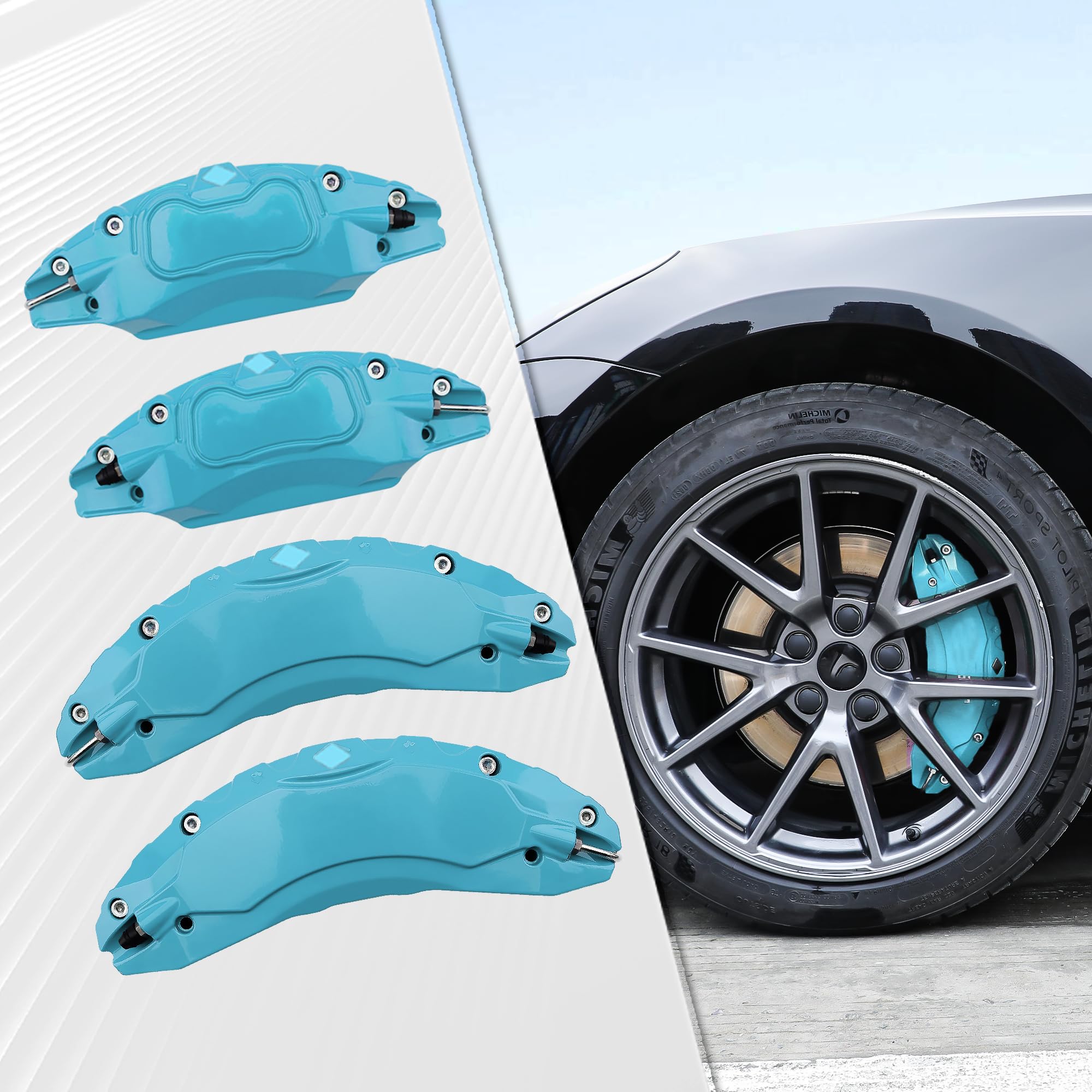 High-Quality Brake Caliper Covers Set of 4 for Tesla Model 3 (2017-2023) – Fits 18 & 19 Inch Wheels – Light Blue Caliper Protectors – No Stickers Included (Excludes Model Y) | Enhance Your Tesla's Style & Protection for Daily Driving & Car Shows
