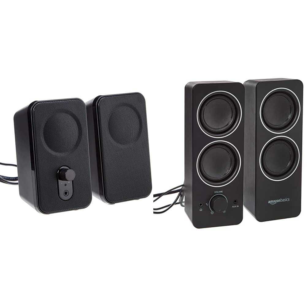 Amazon Basics V216US Compact Tabletop Speakers - High-Quality Sound, Black | Perfect for Home Office, Gaming & Music    Amazon Basics F720US Wall Mount External Speakers - Crystal Clear Audio, Black | Ideal for Home Theater, Parties & Outdoor Use
